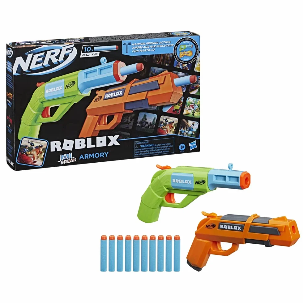 Zestaw Nerf Roblox Jailbreak: Armory, zawiera 2 wyrzutnie ze zbrojeniem typu hammer action, 10 strzałek Nerf Elite, kod odblokowujący przedmiot wirtualny w grze