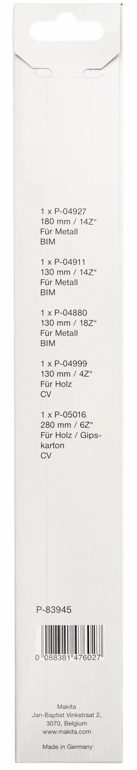 Makita P-83945 5-częściowy zestaw brzeszczotów do piły, po 1 x P-04927, P-04911, P-04880, P-04999, P-05016, do drewna, metalu, płyt gipsowo-kartonowych