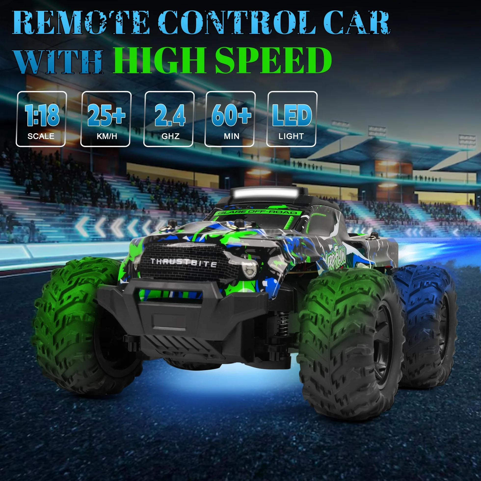 Samochód zdalnie sterowany - 1:18 RC Buggy 25 KMH+ 2,4 GHz Samochód Rc Truck z 2 akumulatorami 2WD, zabawka terenowa dla dzieci i dorosłych - zielony