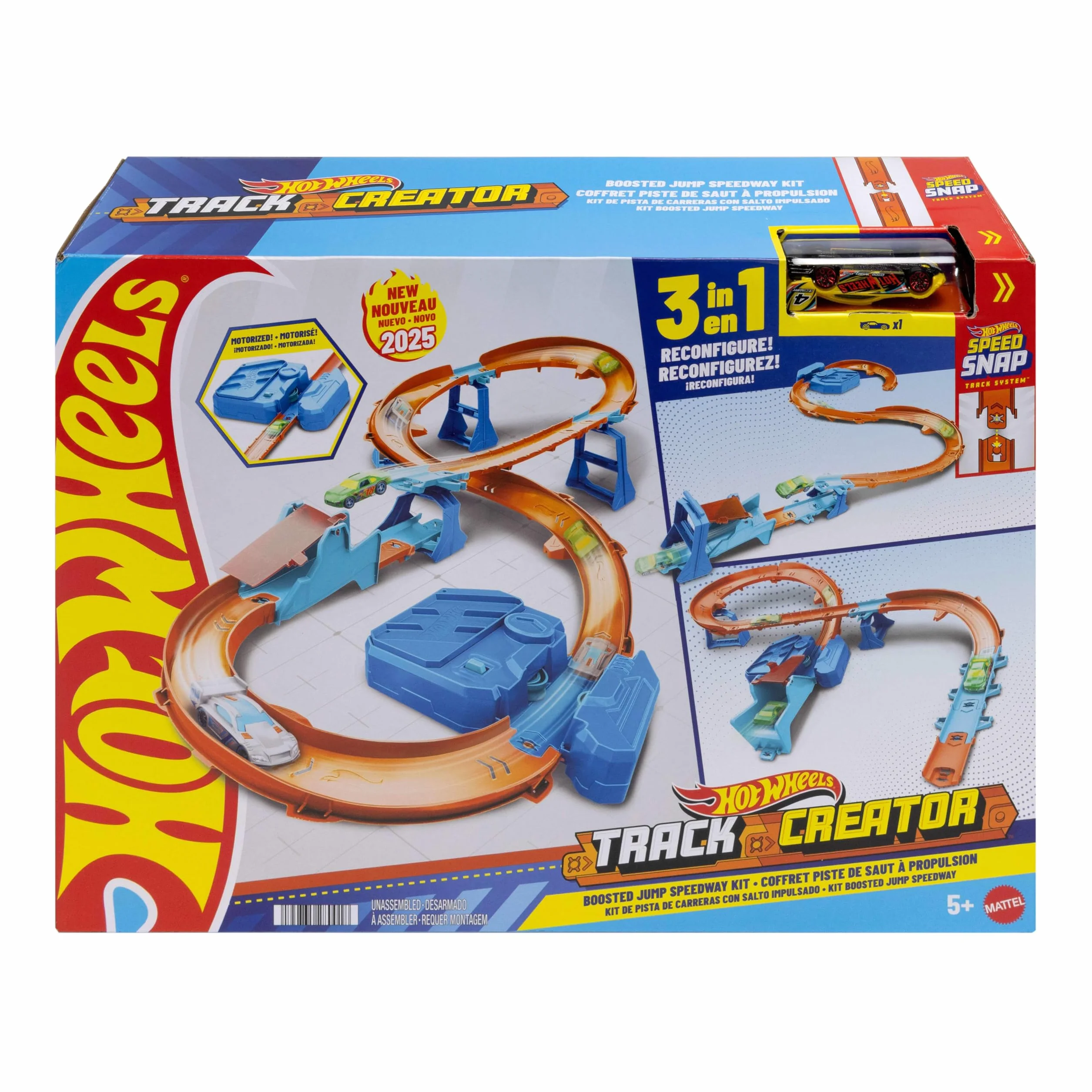 Hot Wheels Track Creator Tor wyścigowy Super skok Zestaw deluxe z przyspieszaczem z napędem + samochód 1:64, JDB49