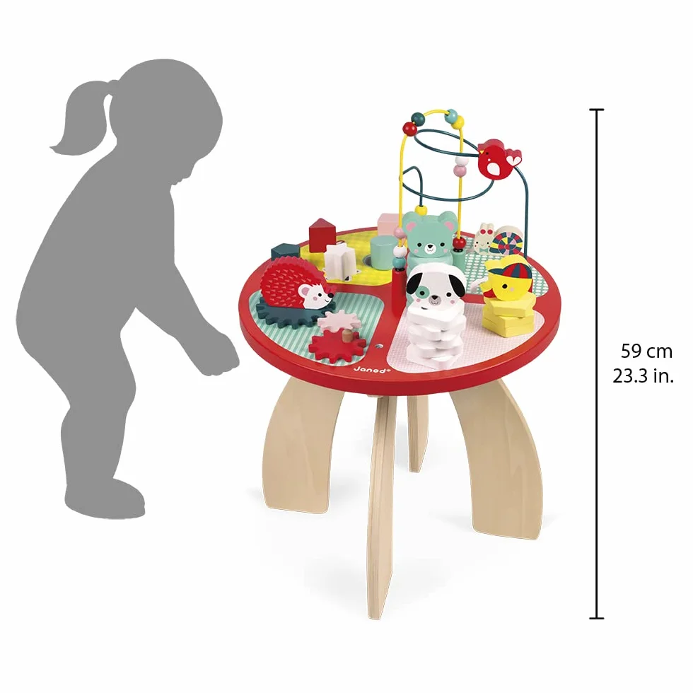 Janod Wooden Activity Table ‘Baby Forest’ - Large Early Learning Centre for Stacking, Dexterity with Maze, Cubes, Gear System and 3 Wooden Animals - From 1 Year Old, J08018