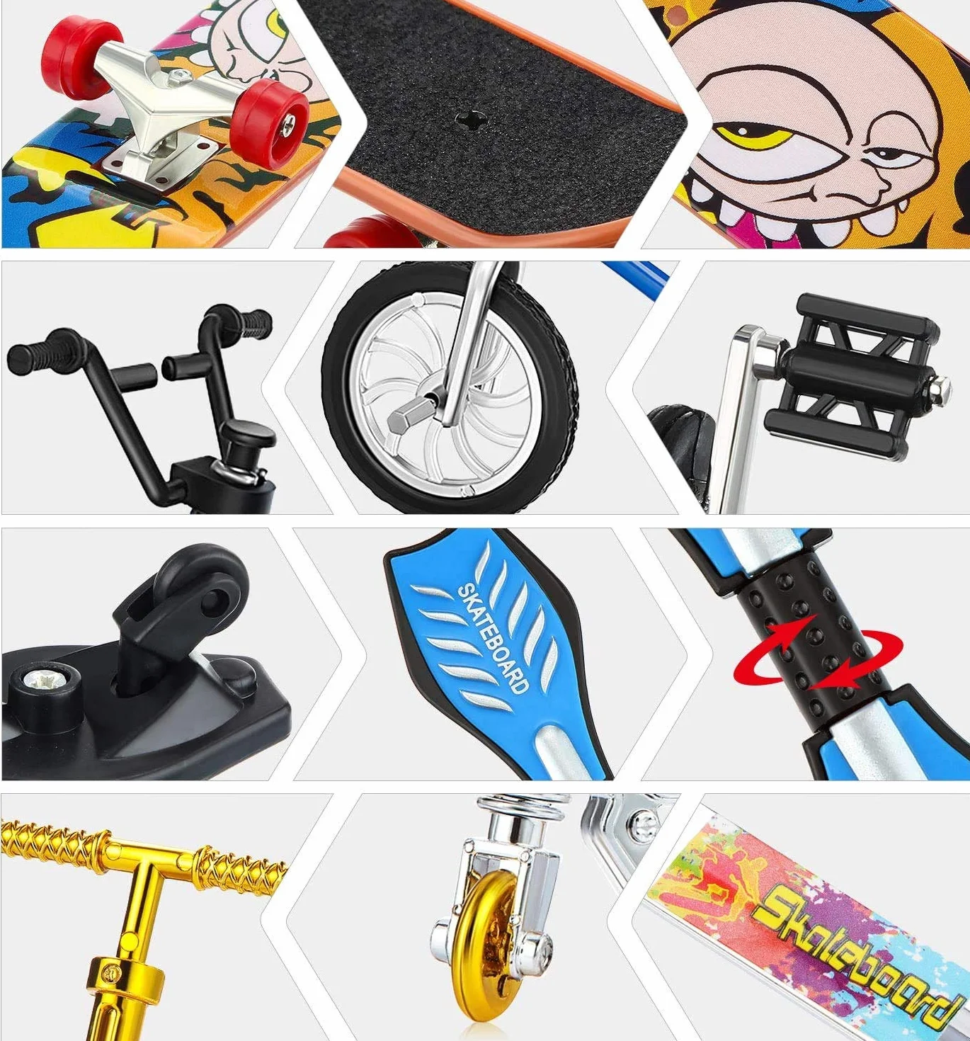 Zestaw do skateparku, mini zabawki na palec, deskorolki, rowery, mała huśtawka z wymiennymi kółkami i narzędziami (17 szt.)