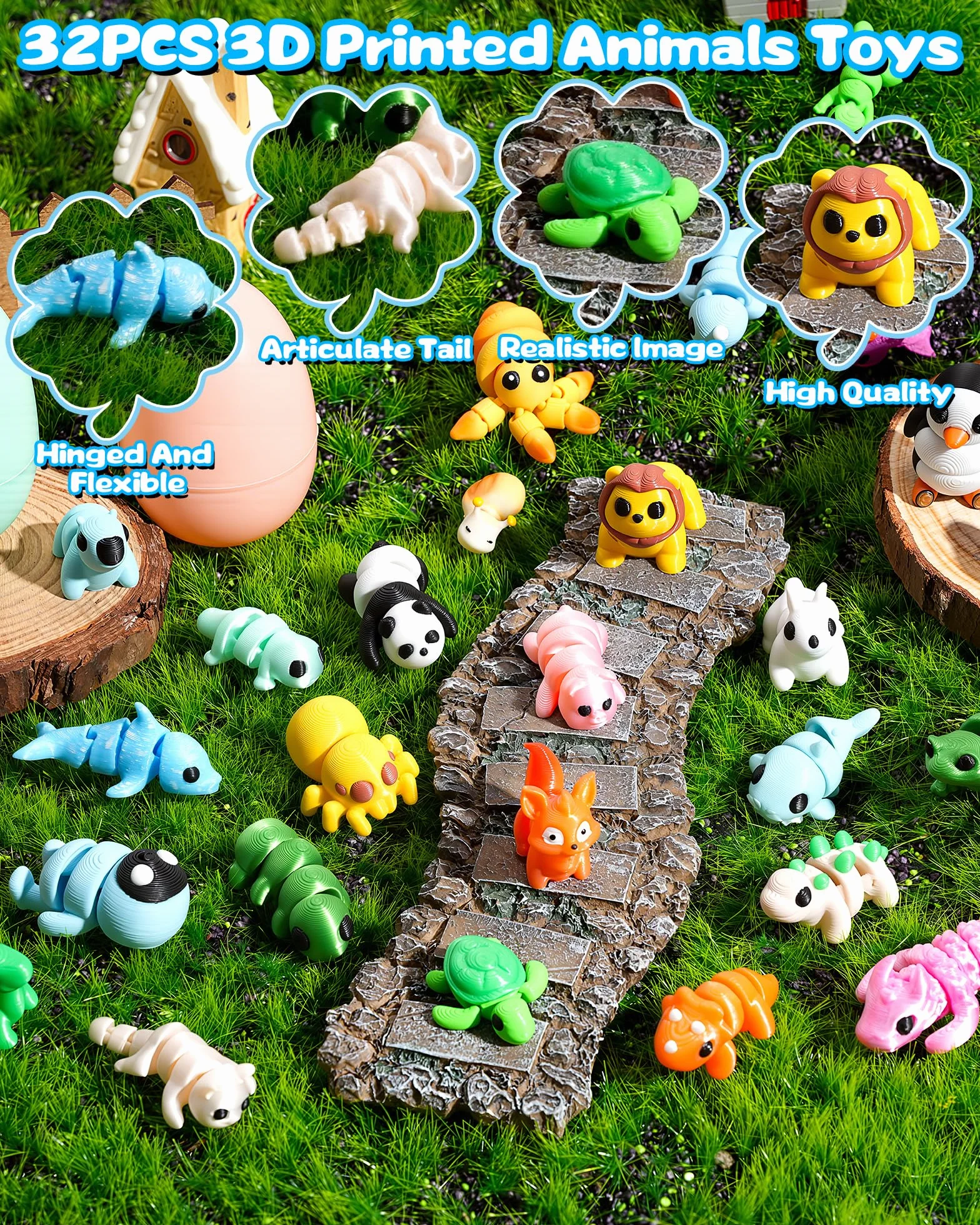 Kizmyee 8 jajek wielkanocnych do wypełnienia, 32 sztuki, figurki zwierząt 3D, elastyczne, ruchome zabawki fidget toy, prezenty do wypełnienia jajek wielkanocnych, prezenty urodzinowe, nagrody po