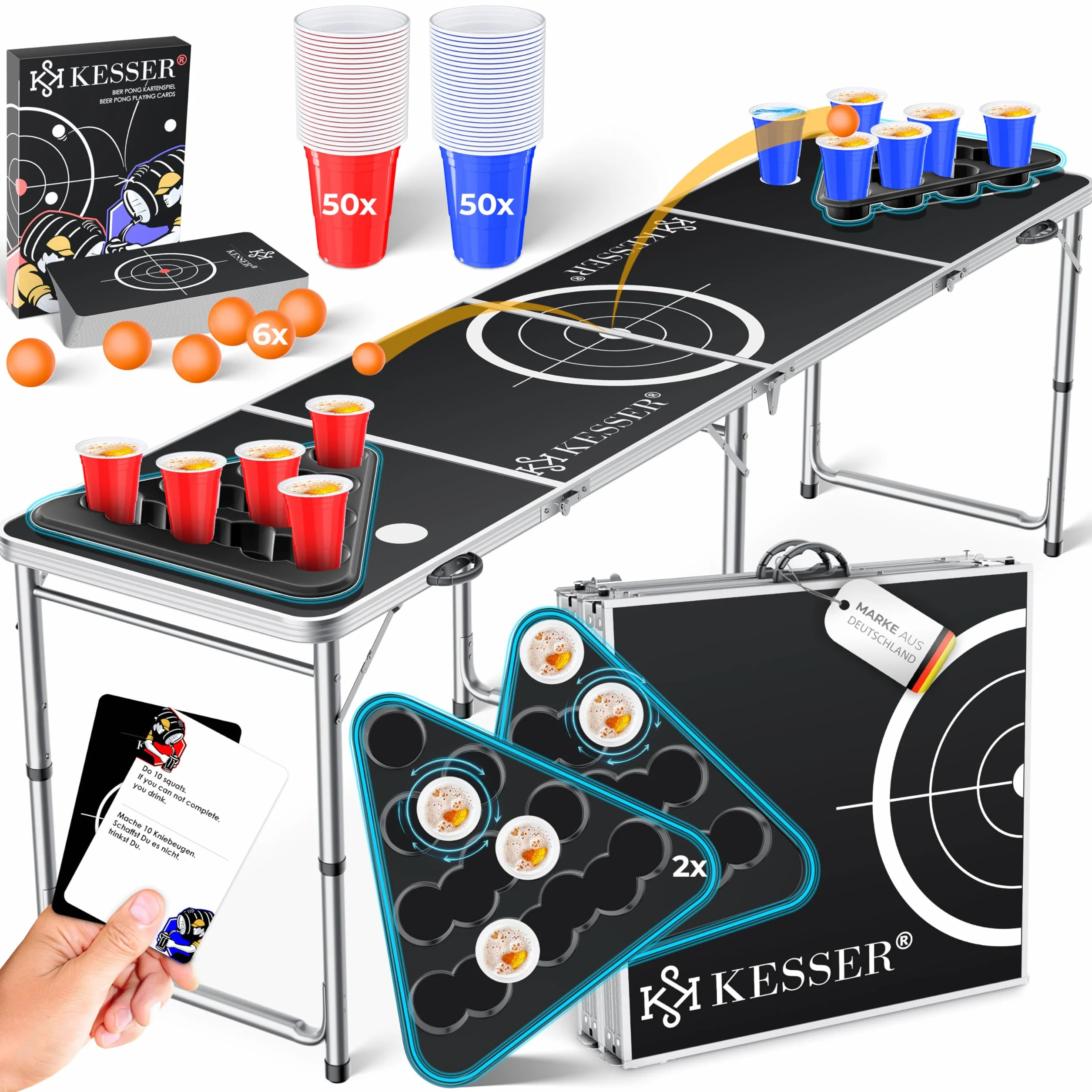 KESSER Beer Pong zestaw karcianych (50 czerwonych i 50 niebieskich), 6 piłek + linijki do gry na imprezę, regulowana wysokość, składany