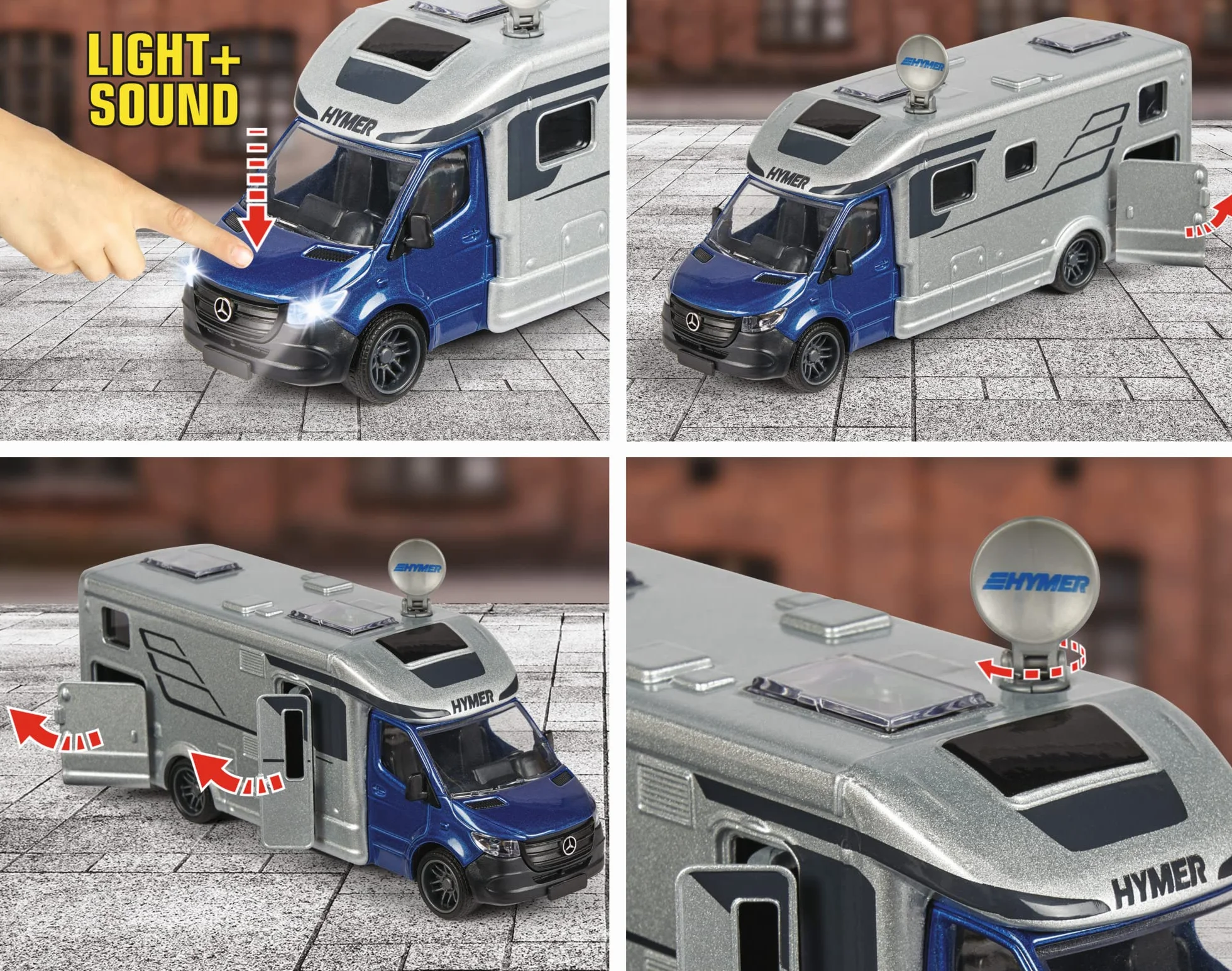 Majorette Grand 213773000 Hymer B-Class Kamper 19 cm, światło i dźwięk, metalowy samochód kempingowy diecast do zabawy na świeżym powietrzu, prezent dla dzieci od 3 lat