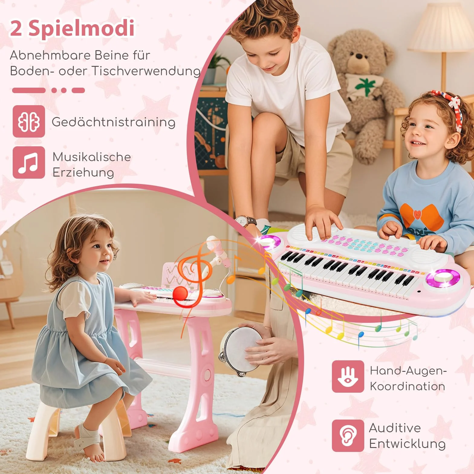 COSTWAY Klawiatura dziecięca, 37 przycisków, fortepian dziecięcy z mikrofonem, stojak i taboret, pianino dziecięce ze światłem, nagrywanie i odtwarzanie, klawiatura fortepianowa, pianino zabawkowe dla
