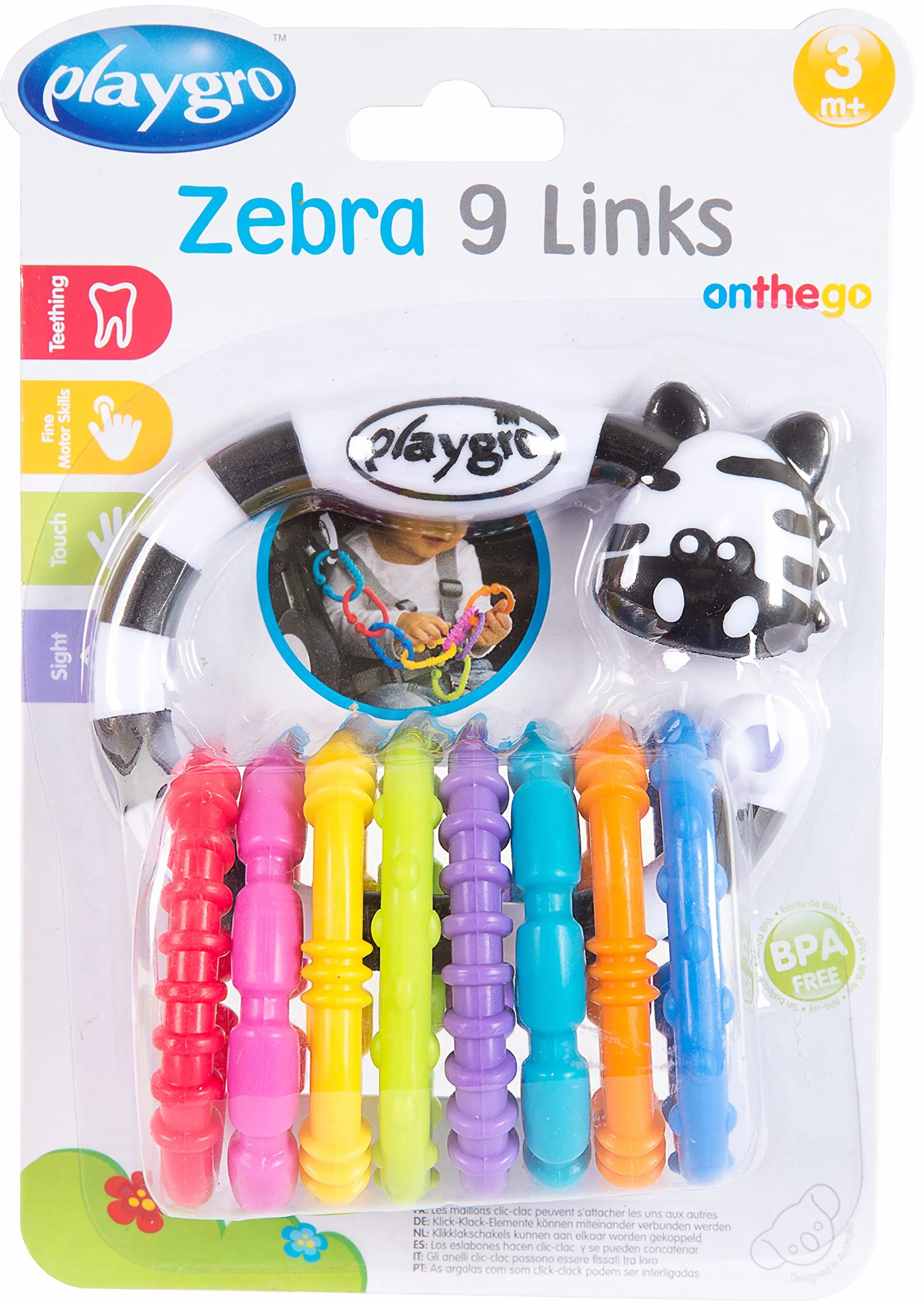 Playgro 184558 łańcuch z grzechotką Zebra, 9-częściowy, od 3 miesięcy, zebra 9 lewe opakowanie, kolorowy, 40141