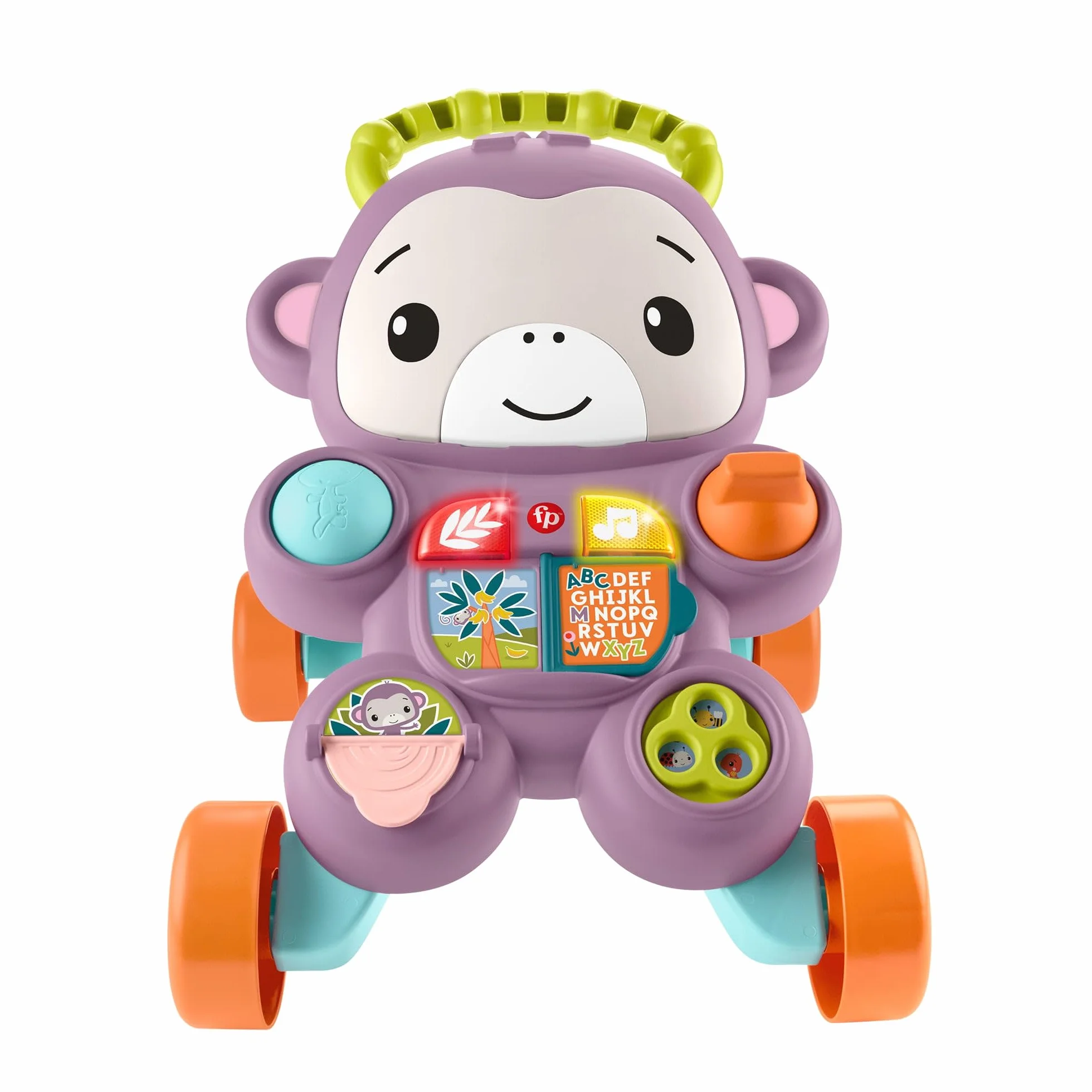 Fisher-Price Fioletowa Małpka Interaktywny Chodzik-Pchacz Muzyka, światełka i elementy aktywizujące, interaktywna zabawka dla dzieci od 6 miesiąca życia, JGW90