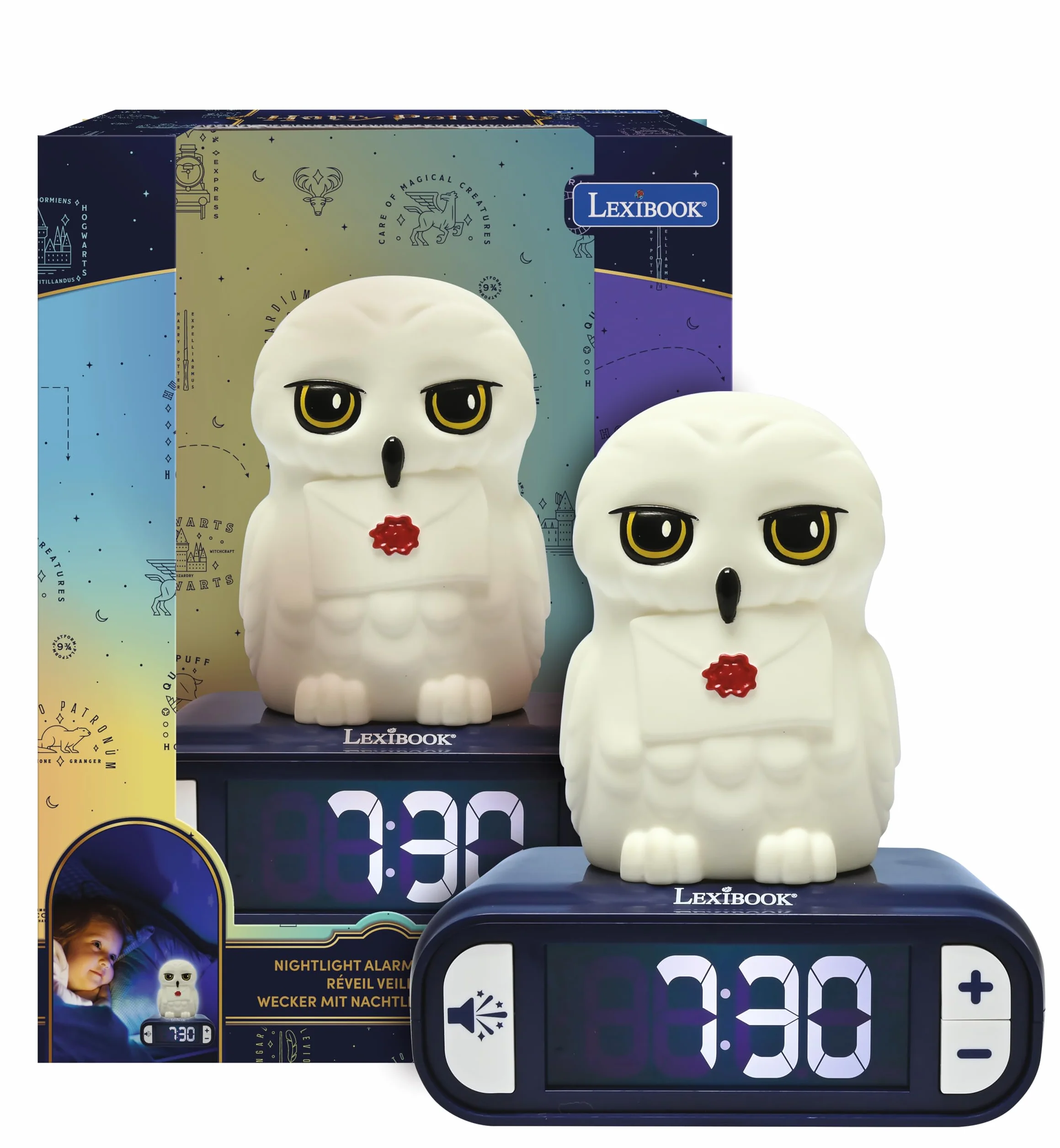 Lexibook, Hedwig Budzik Nocny, Dźwięki i Melodie, Podświetlany Ekran LCD, Świecący, Drzemka, Biały, Niebieski, Mały