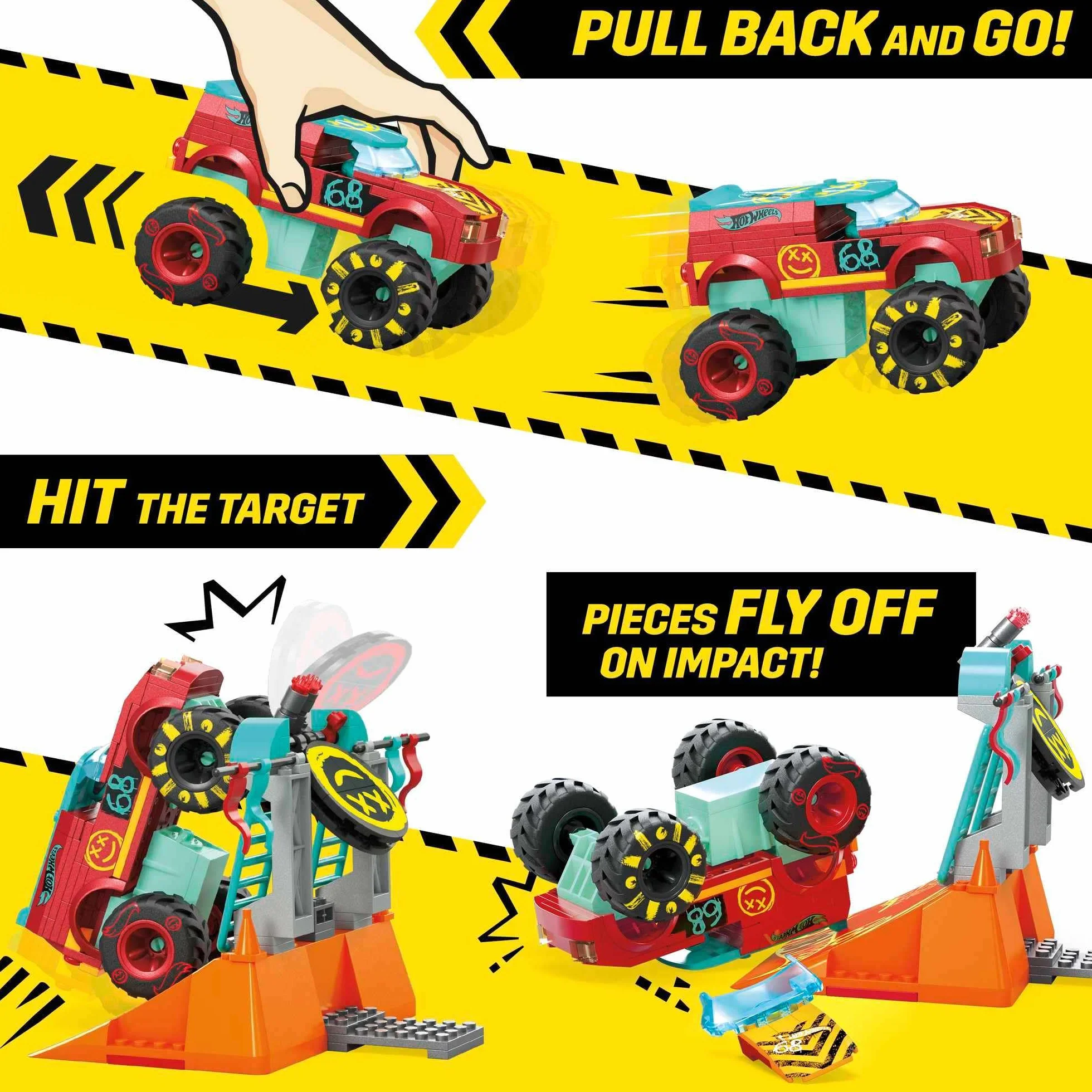 MEGA Hot Wheels Monster Trucks Demo Derby Ekstremalna sztuczka Zestaw konstrukcyjny zawierający 151 elementów i 1 mikrofigurkę, czerwony pojazd, pomysły na prezent dla dzieci, HNG53