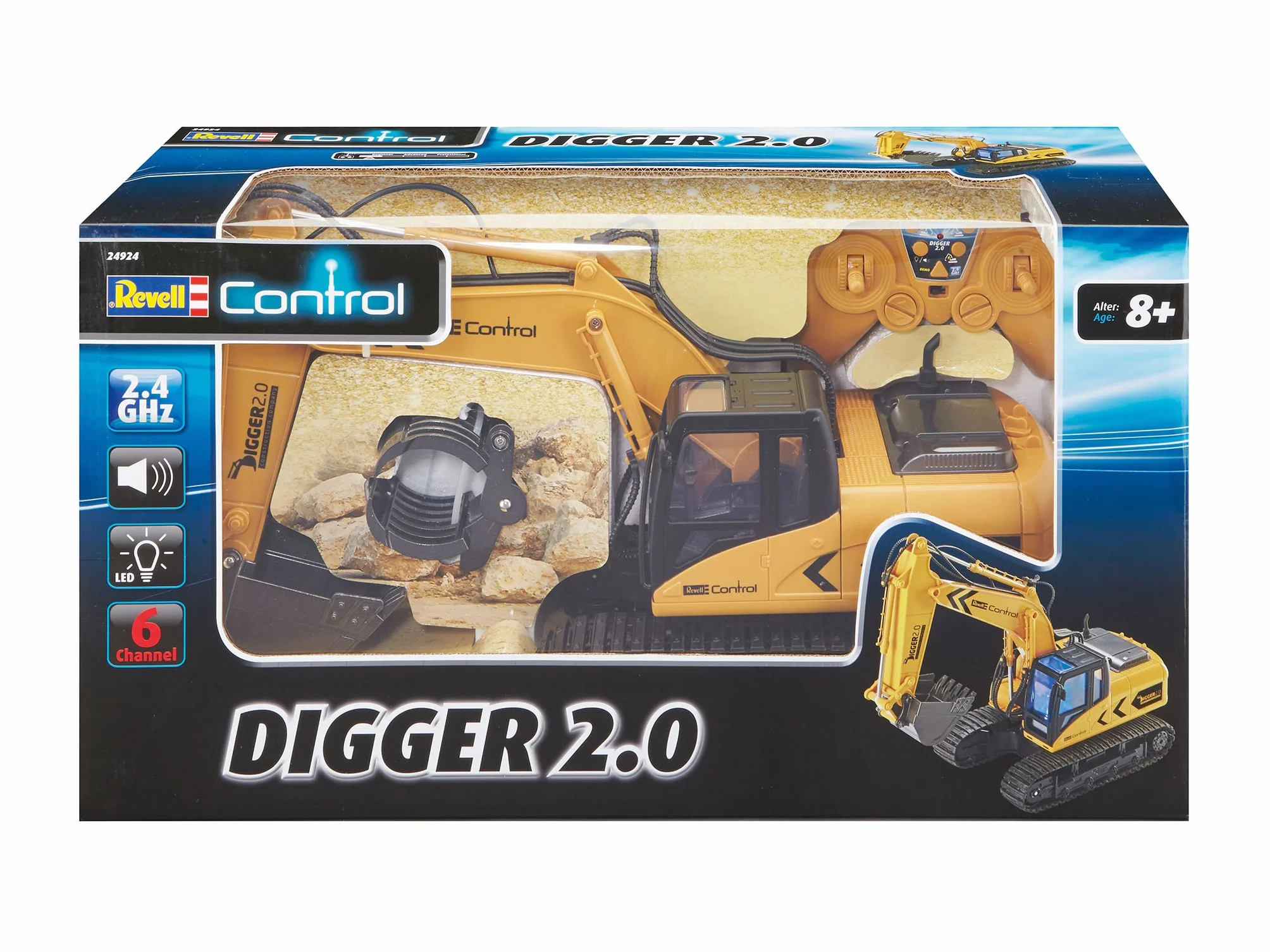 Revell Control 24924 RC koparka gąsienicowa Digger 2.0, napęd łańcuchowy, wymienna szufla i chwytak do drzew, nadaje się do użytku na zewnątrz, zdalnie sterowana koparka z akumulatorem, 2,4 GHz, żółta