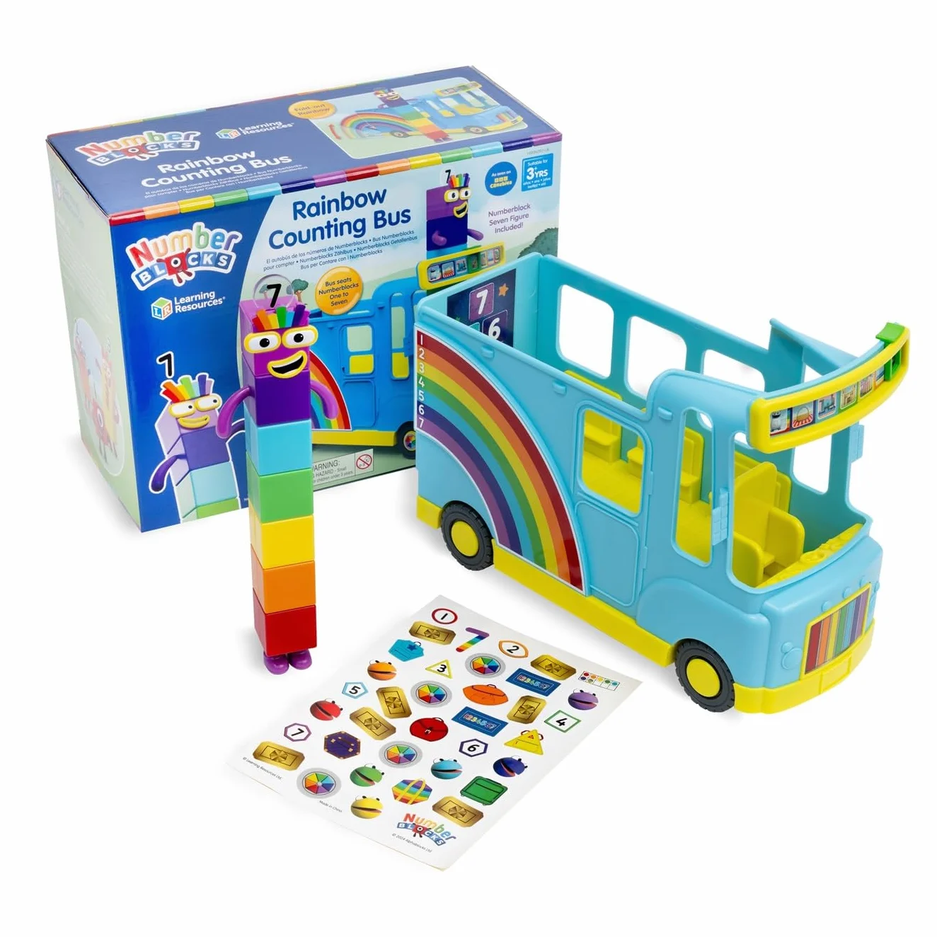 Learning Resources – Tęczowy autobus Numberblocks do nauki liczenia, Wiek 3+, Interaktywny zestaw Numberblocks zawierający autobus i kolekcjonerską Siódemkę, 12 piosenek i dźwięki, Zabawki CBeebies