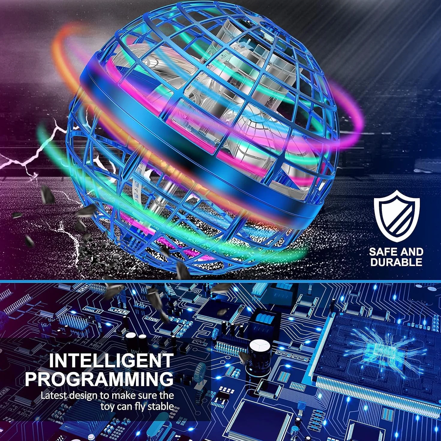 Hoofun Latająca piłka, gra latająca piłka, światło RGB, Hover UFO Spinner Bumerang, latające zabawki dla dzieci prezent 6 7 8 9 10 12+ lat (niebieski)