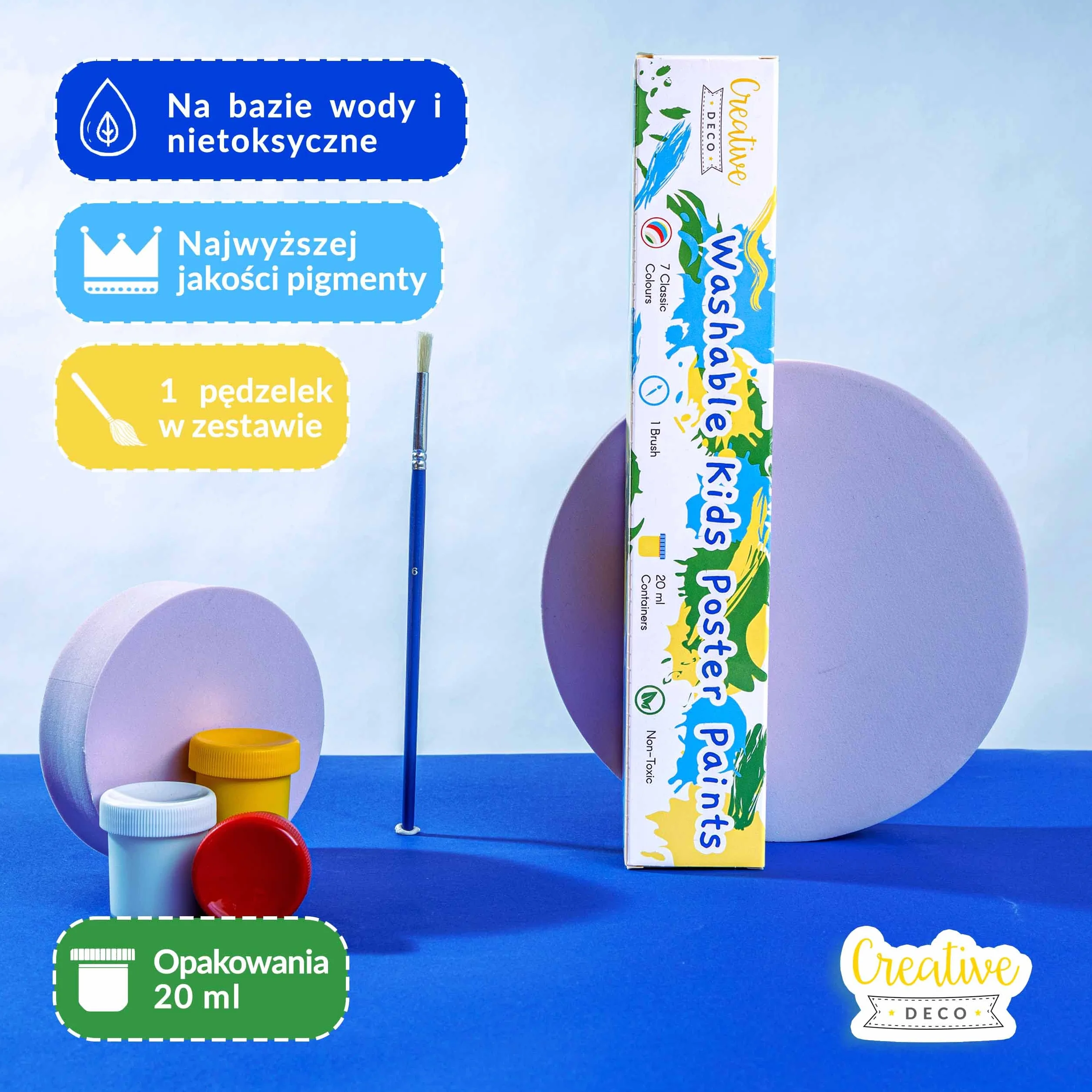 Creative Deco Zestaw Farb Plakatowych dla Dzieci | 20 ml x 6 + 1 Różnokolorowych Słoiczków | Nietoksyczne | Podstawowe Żywe i Intensywne Kolory | Idealne Dla Początkujących Dzieci Studentów i Artystów