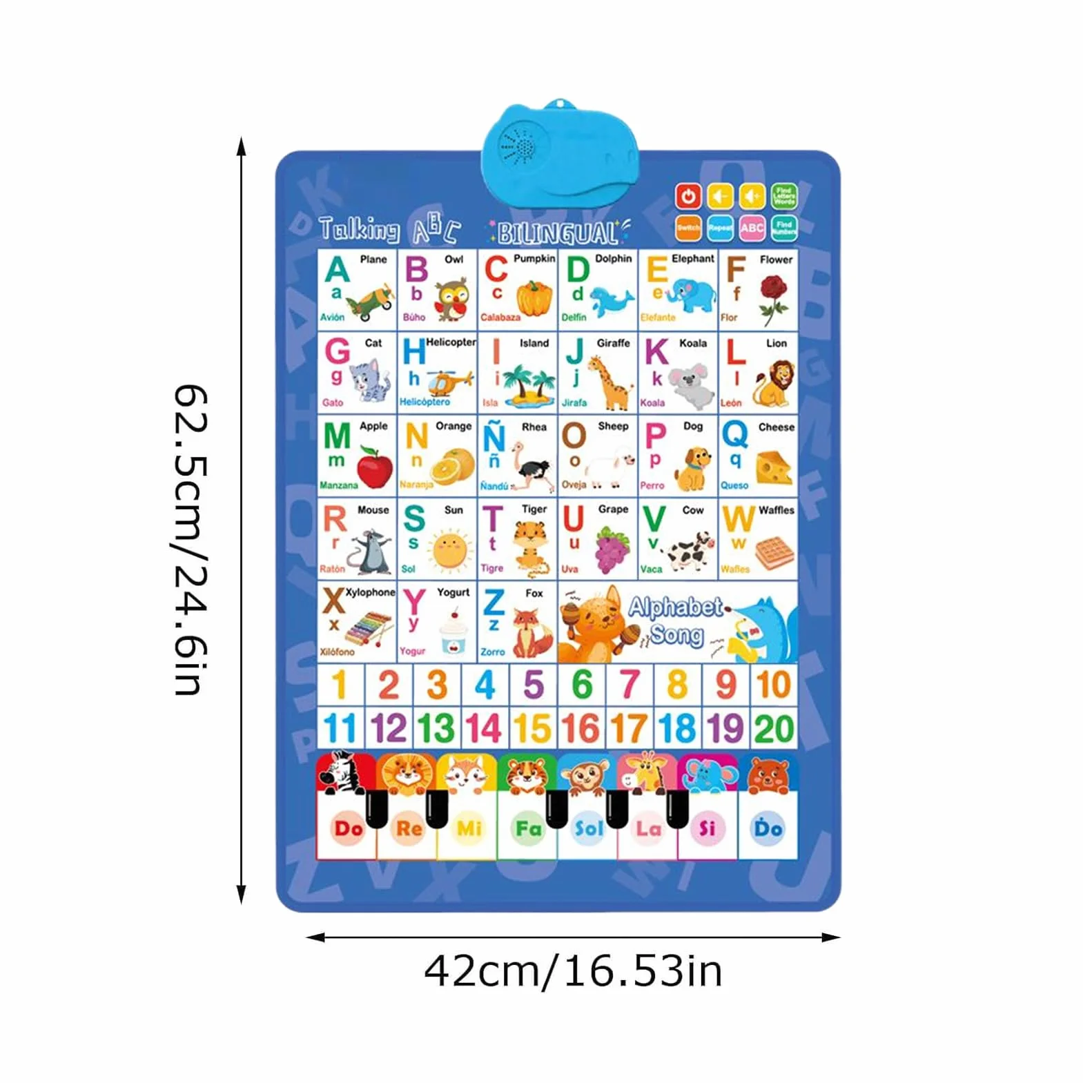 Alphabet Wall Chart, Talking Bilingual Interactive Poster, Spanish and English Music Learning Toy for Kids Ages 3-8, Classroom, Preschool, Language Development