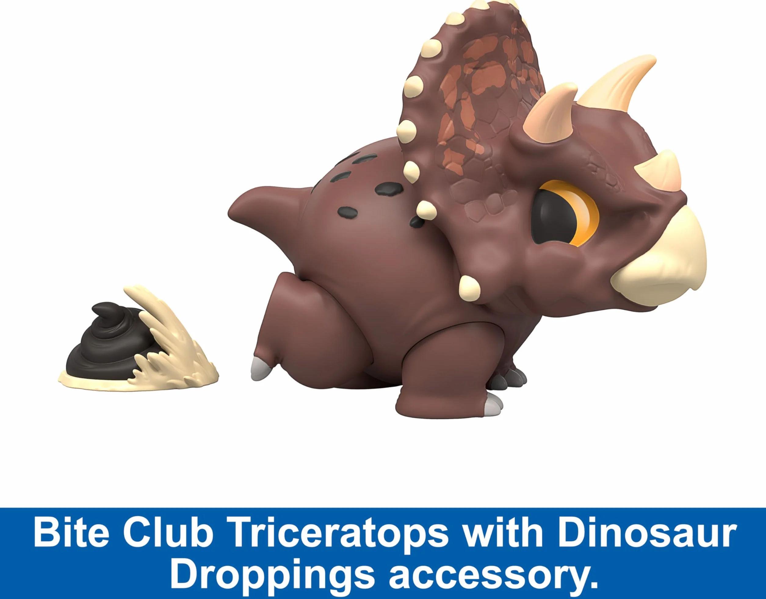 Mattel Jurassic World Bite Club figurka kolekcjonerska, stylizowany dinozaur triceratops chubby około 10,2 cm z akcesoriami, HVB39