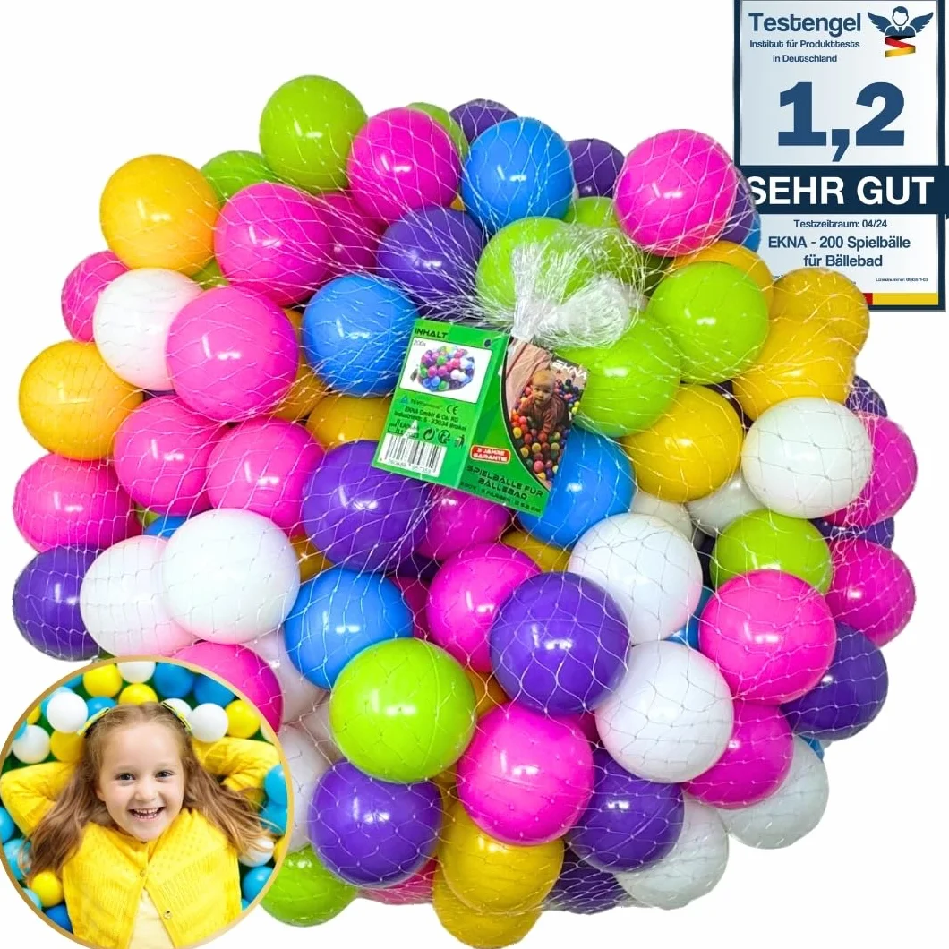 EKNA Spielbälle Ø 5cm - Bällebad Bälle 200 Stück - Bunte Auswahl für Bällebad-Pool - Plastikbälle Baby-Bälle Farben Hellgrün Hellblau Gelb Rosa Weiß Lila