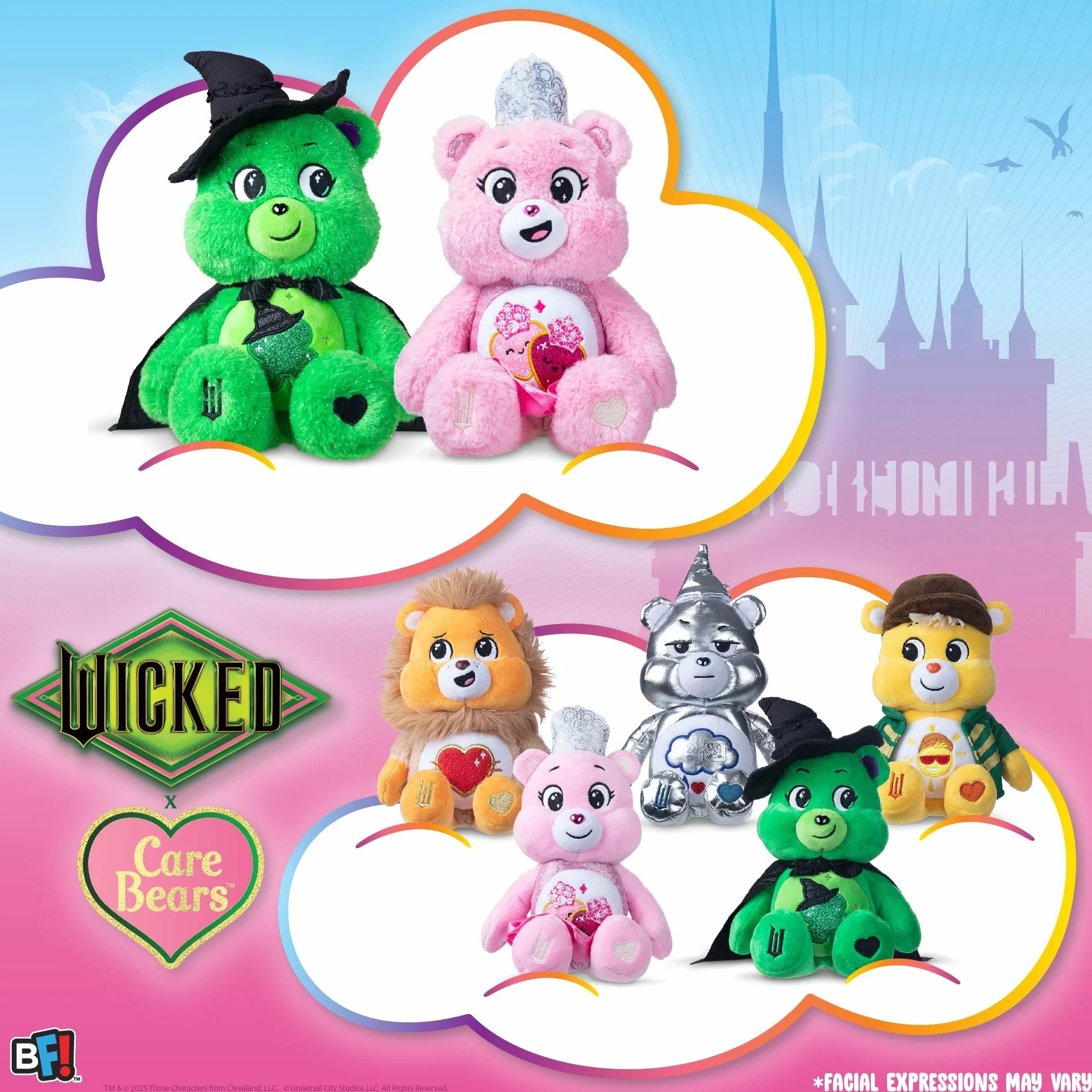 Basic Fun Care Bears Wicked Maskotka Pluszowa 22 cm – Zestaw 2 sztuki edycja limitowana – Good Luck Bear jako Elphaba i Love-a-lot Bear jako Glinda – Pluszaki teatralnego crossovera dla dzieci i fanów