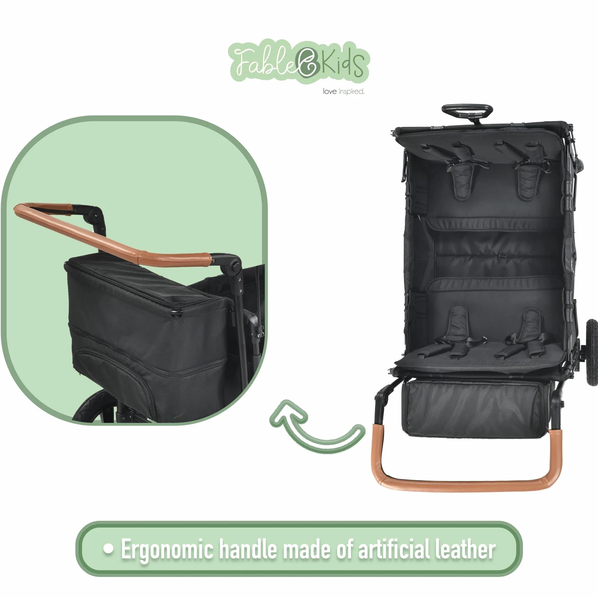 FableKids Leo X4 Plus Wózek na kółkach z dachem | Składany wózek transportowy | Uprząż 4X 5-punktowa | Koła terenowe 360° | Hamulec nożny | Oksford 600D | Siatki wentylacyjne | Czarny onyks