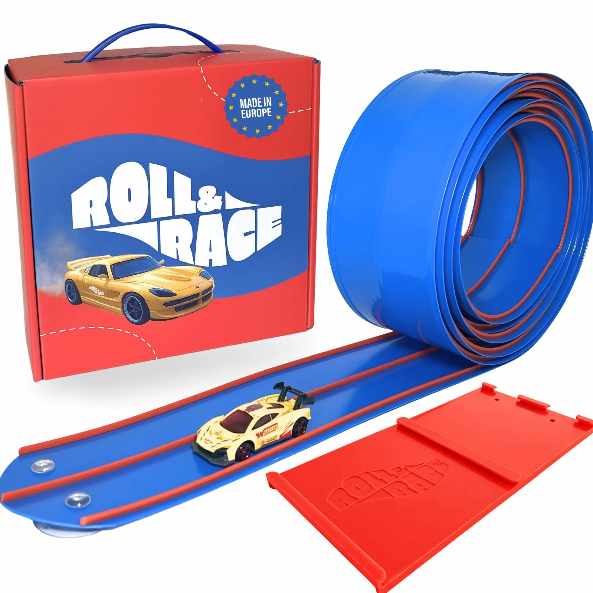 Roll&Race Elastyczny tor samochodowy i zwijany 400 cm - Wyprodukowano w Hiszpanii - Gumowy tor wyścigowy - Elastyczny tor samochodowy - Zabawka prezent dla dzieci - Race Cars Wheels - Rampy