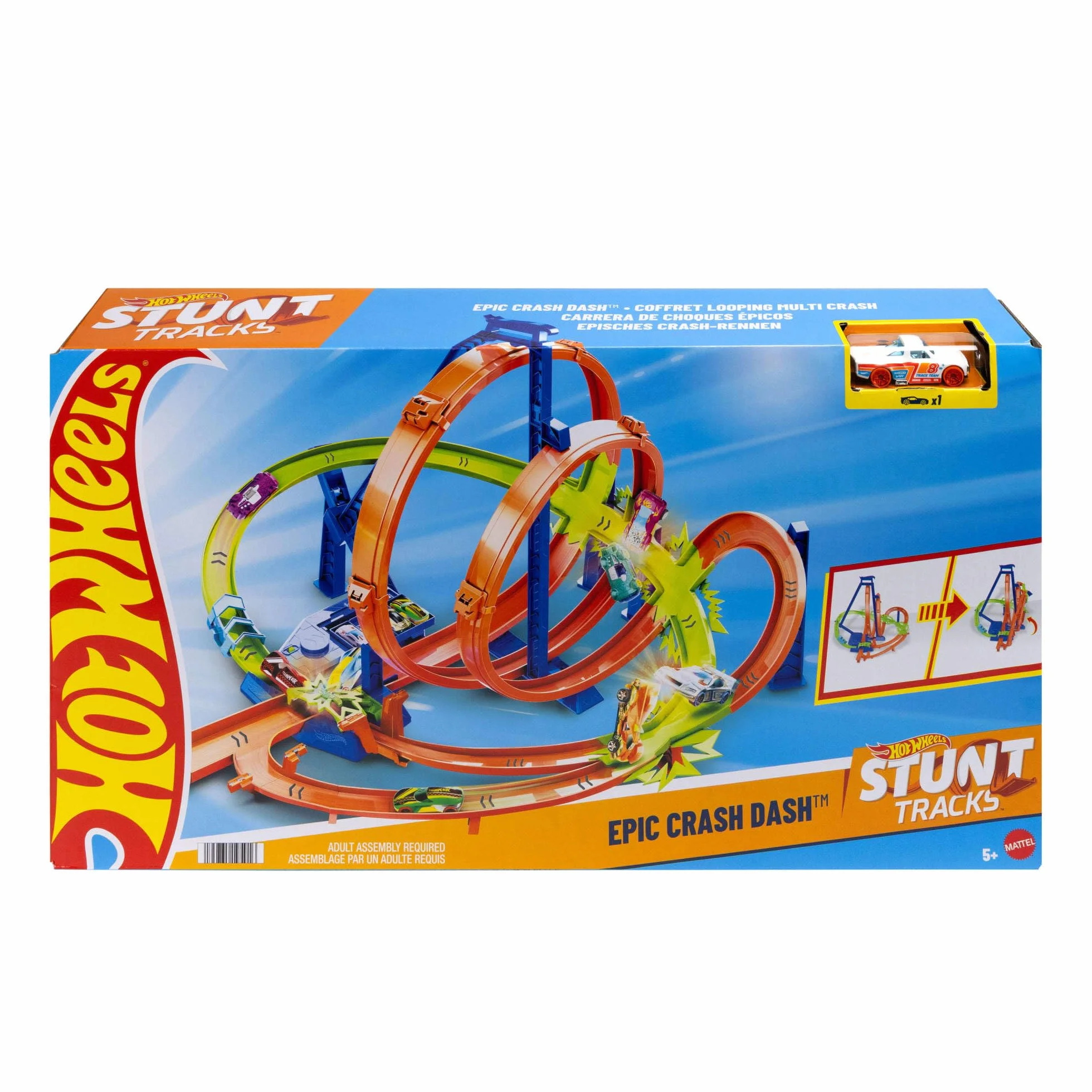 Hot Wheels - Epicka Pętla Kraks Zestaw z 5 strefami kraks, przyspieszaczem z napędem i 1 pojazdem Hot Wheels w skali 1:64, łatwe przechowywanie, HTP55