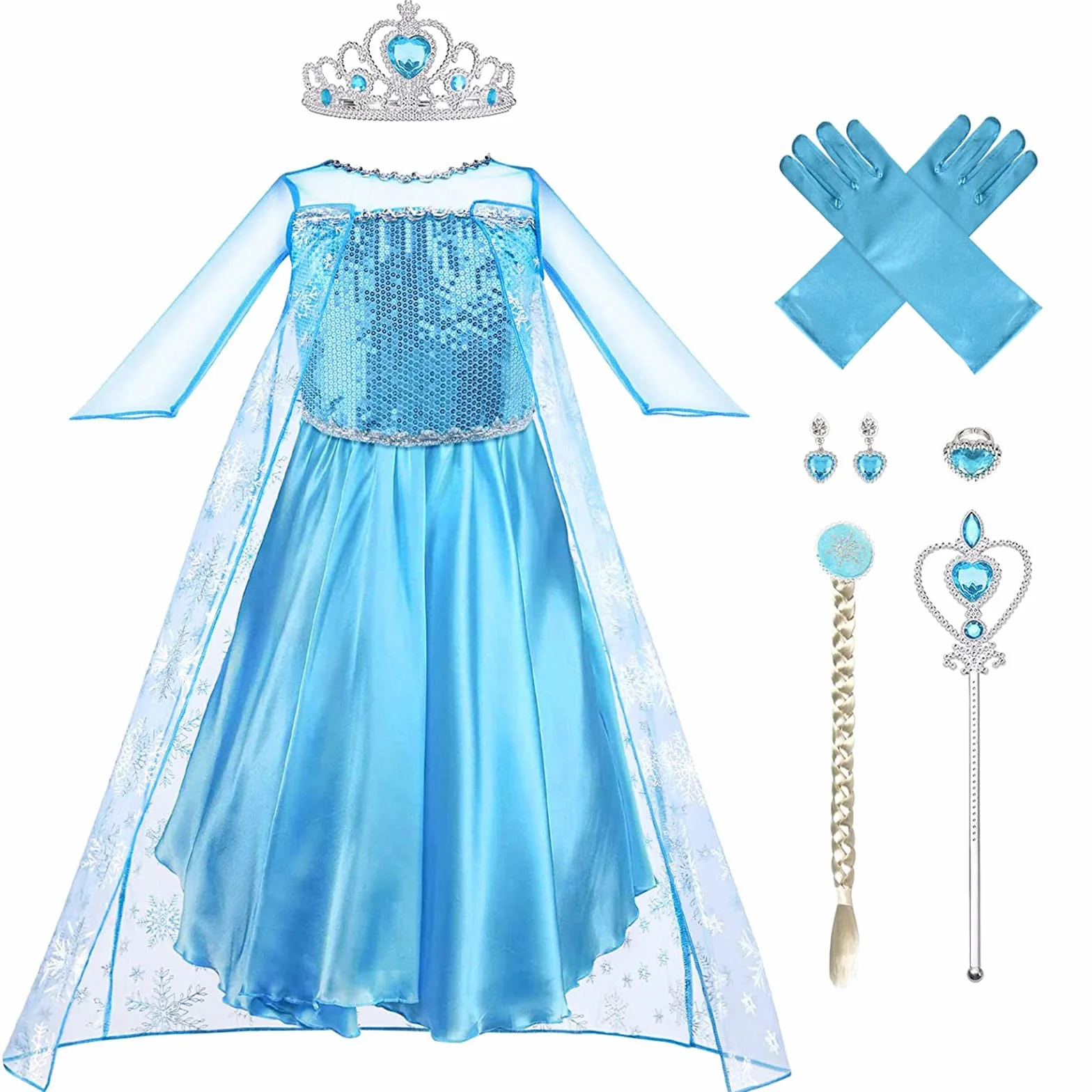 Vicloon Elsa sukienka, kostium elsy dziewczęcy z diademem i różdżką, kostium dziewczęcy, Boże Narodzenie, Halloween, karnawał, Cosplay, urodziny, sukienka imprezowa, 4-5 Jahre, Niebieski - 9 szt