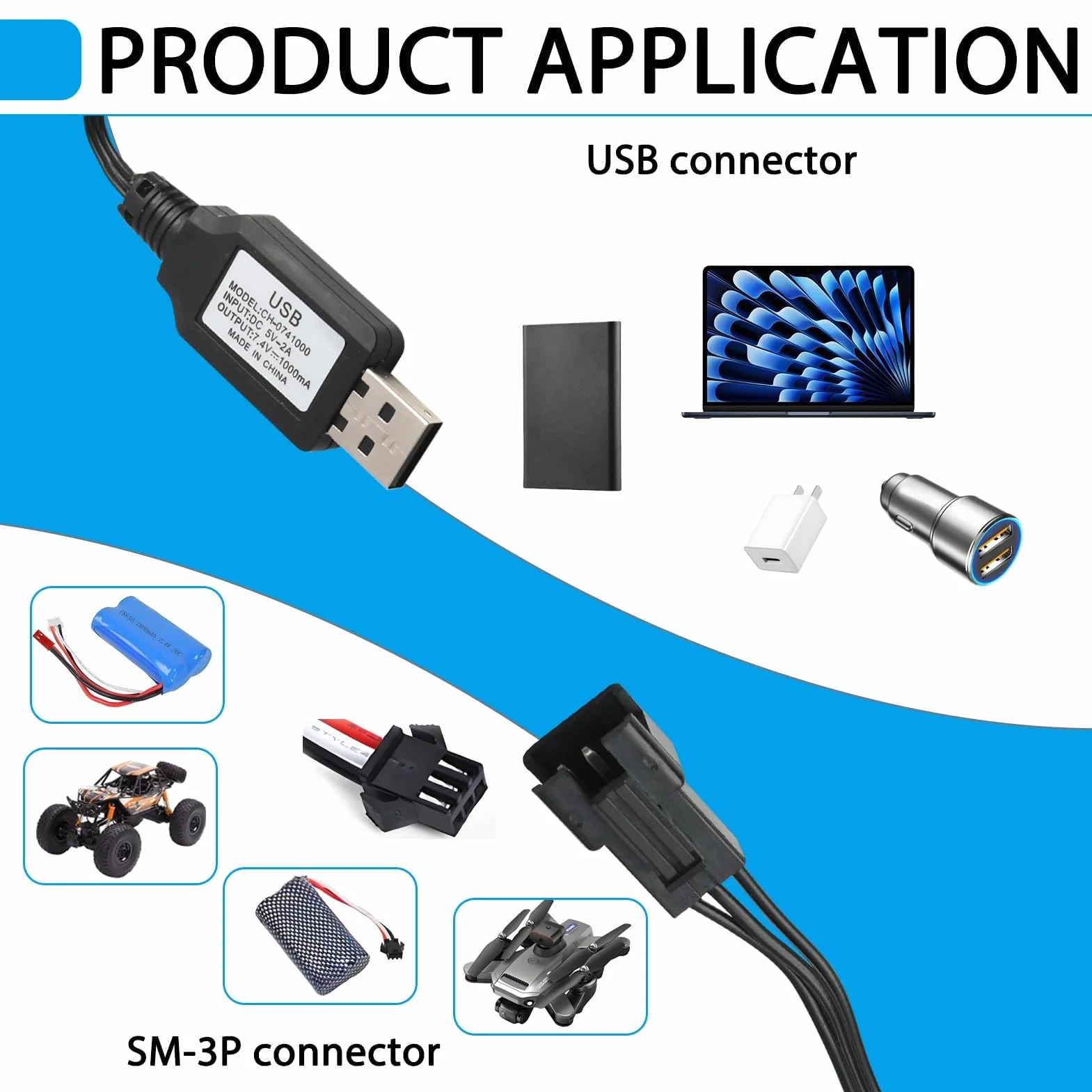 Złącze SM-3P USB kabel ładowarki do akumulatorów LiPo 7,4 V 2S RC