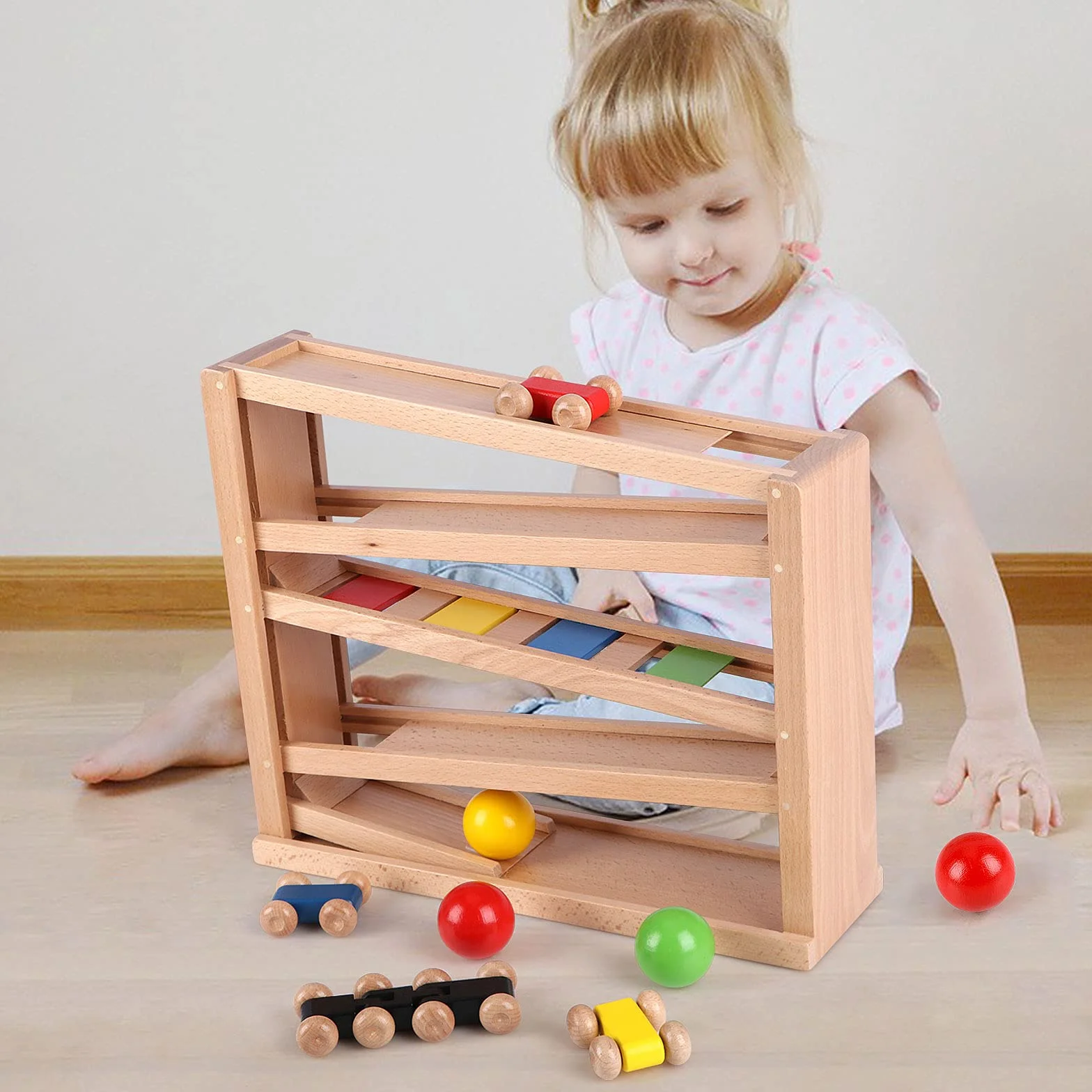 Jacootoys Drewniany samochód Rampa Marmur Run Gra Racing Track 5 Warstwy Racer Zestaw zabawek 4 Samochody 3 Piłki Prezent dla Dzieci Chłopcy Dziewczyny