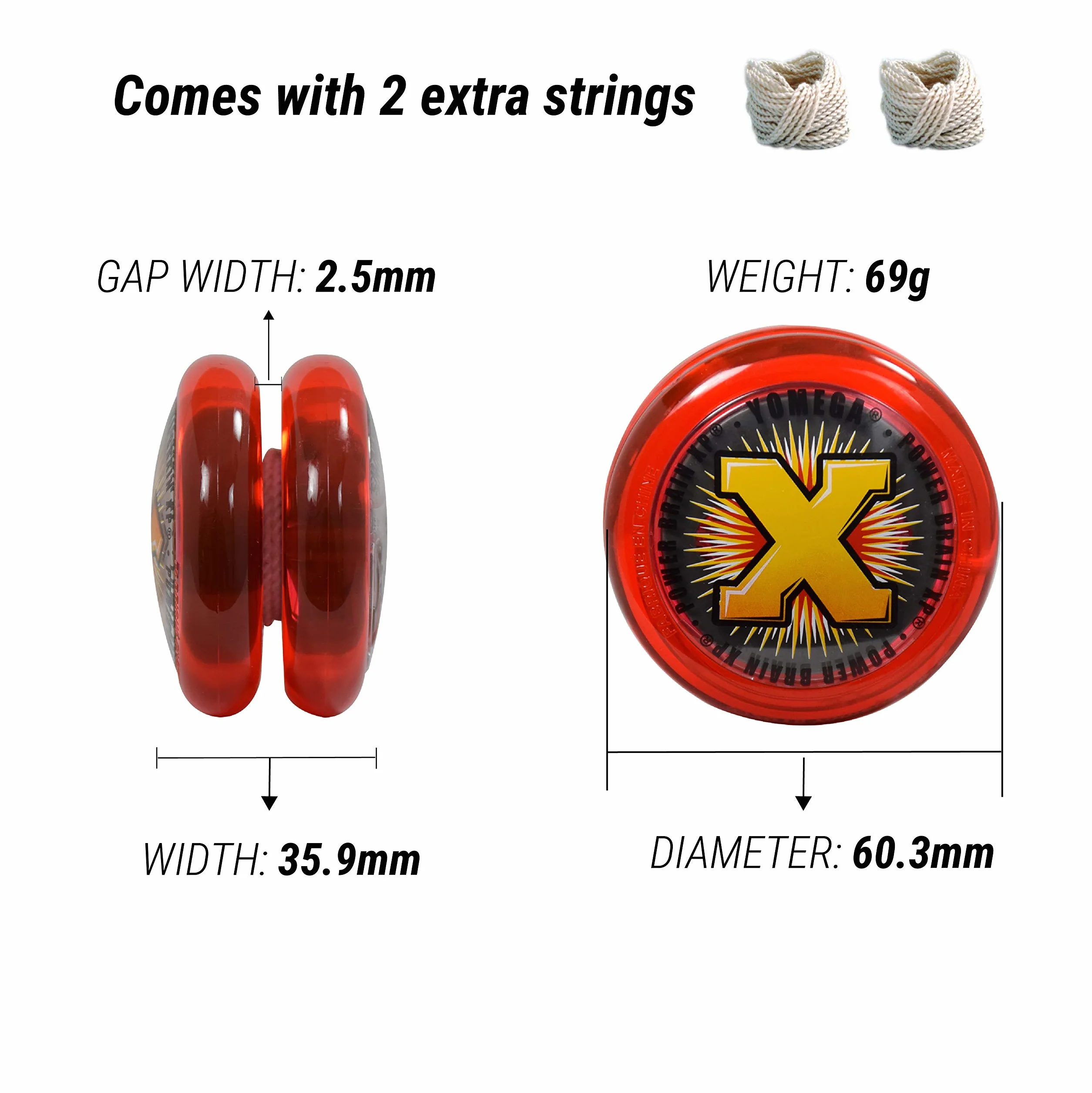 Yomega Power Brain XP yoyo - professional yoyo with a Smart Switch which enables Players to Choose Between auto-Return and Manual Styles of Play. + Extra 2 Strings & 3 Month Warranty (red)