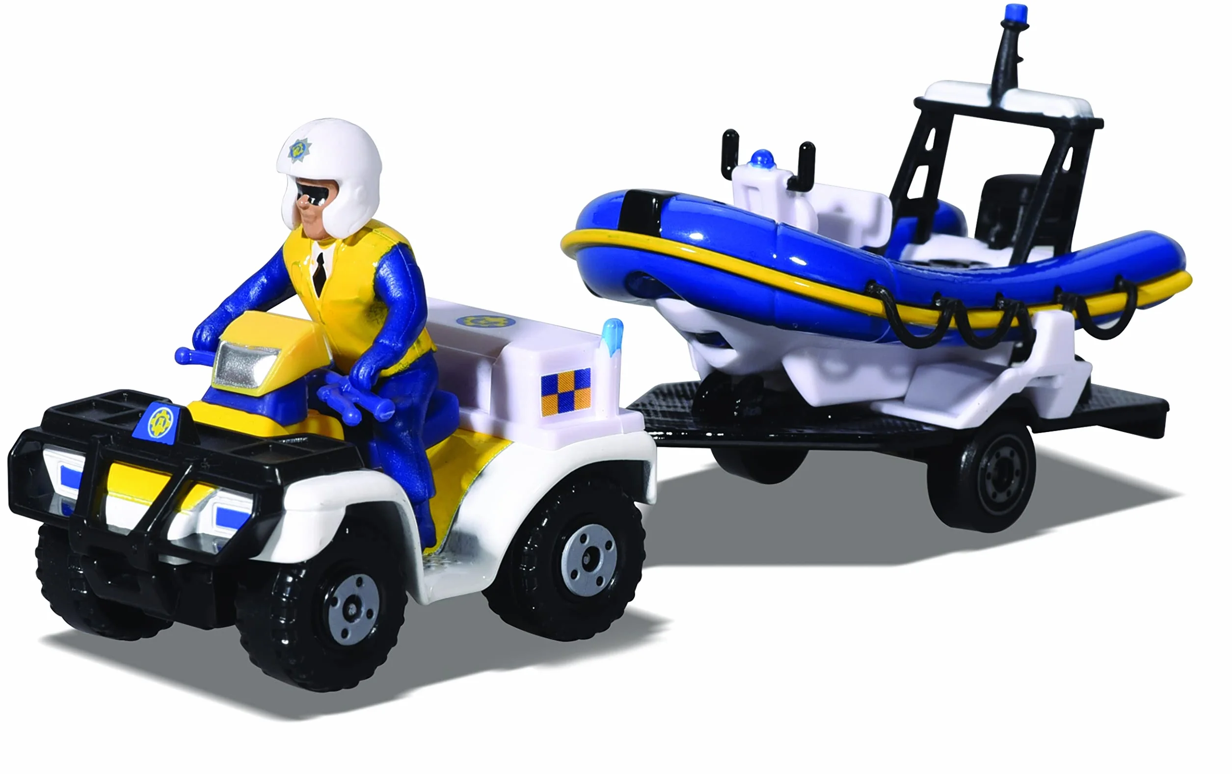 Strażak Sam 203092007 Pojazd metalowy die cast Quad policyjny i łódź na przyczepie, 2x 7cm