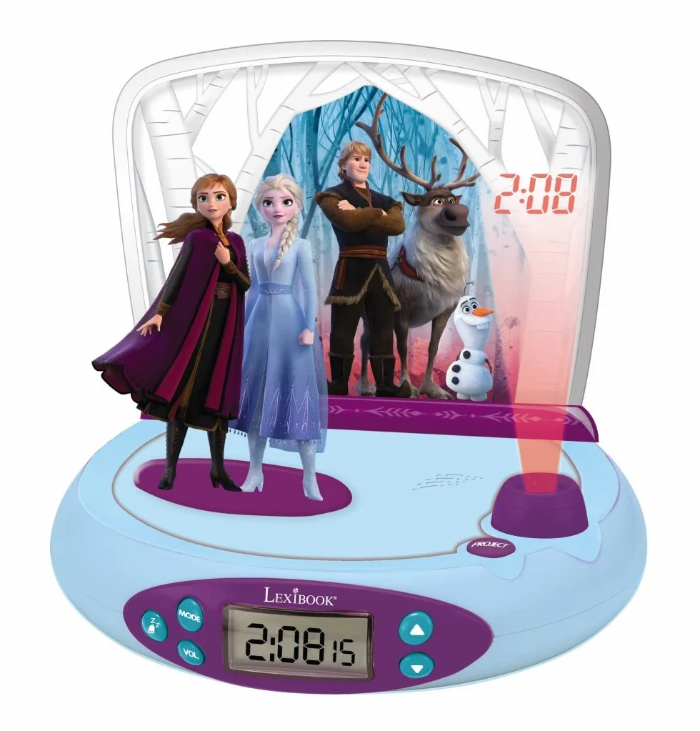 Lexibook Disney Frozen 2 Elsa & Anna, Budzik z Projektorem, Lampka Nocna, Projekcja Czasu na Sufit, Efekty Dźwiękowe, Zasilanie Bateryjne, Niebieski, Fioletowy, Jeden Rozmiar