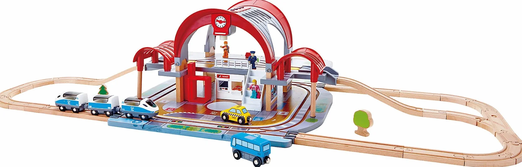 Hape Grand City Station, Wooden Pretend Play Railway Set with Projector and Recorder, For Kids