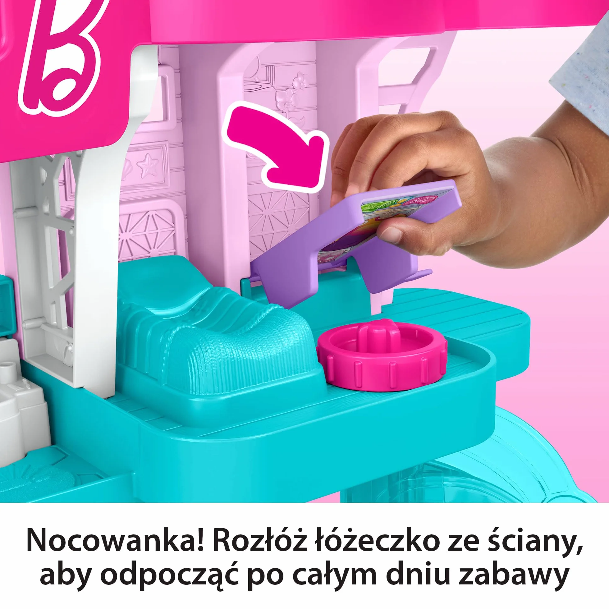 Fisher-Price Little People Barbie Domek Malibu Zestaw z 2 figurkami i akcesoriami do zabawy w naśladowanie, zabawka dla dzieci od 18 miesiąca życia, JCW71