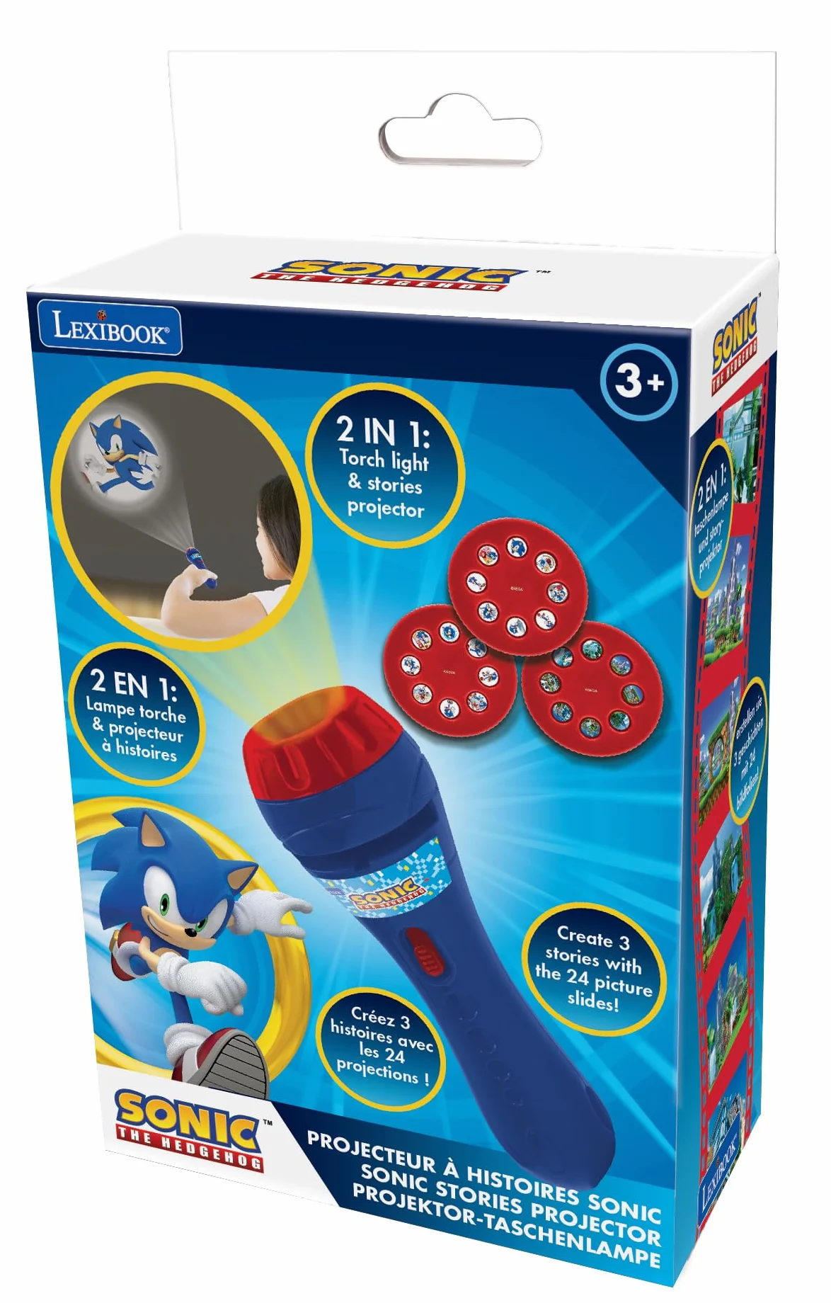 Lexibook LTC050SN Sega Sonic The Hedgehog, Projektor Opowieści i Latarka, Projekty 24 Obrazy ze Świata 3 Dyski, Czerwony, Niebieski