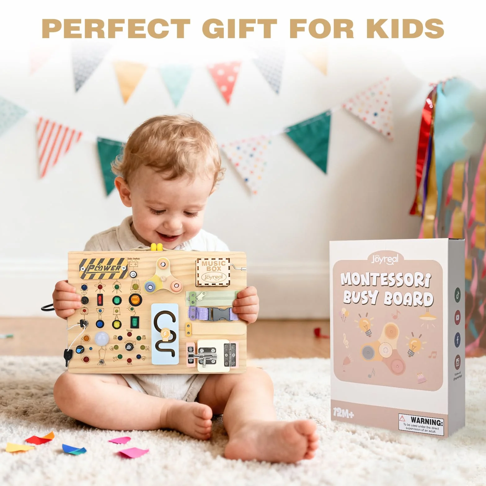 Joyreal Montessori Busy Board 2 w 1 od 1 roku życia, drewniana zabawka motoryczna, sensoryczna zabawka Montessori z 20 diodami LED, 19 motoryki, prezent dla 1, 2, 3 lat, dla chłopców i dziewczynek