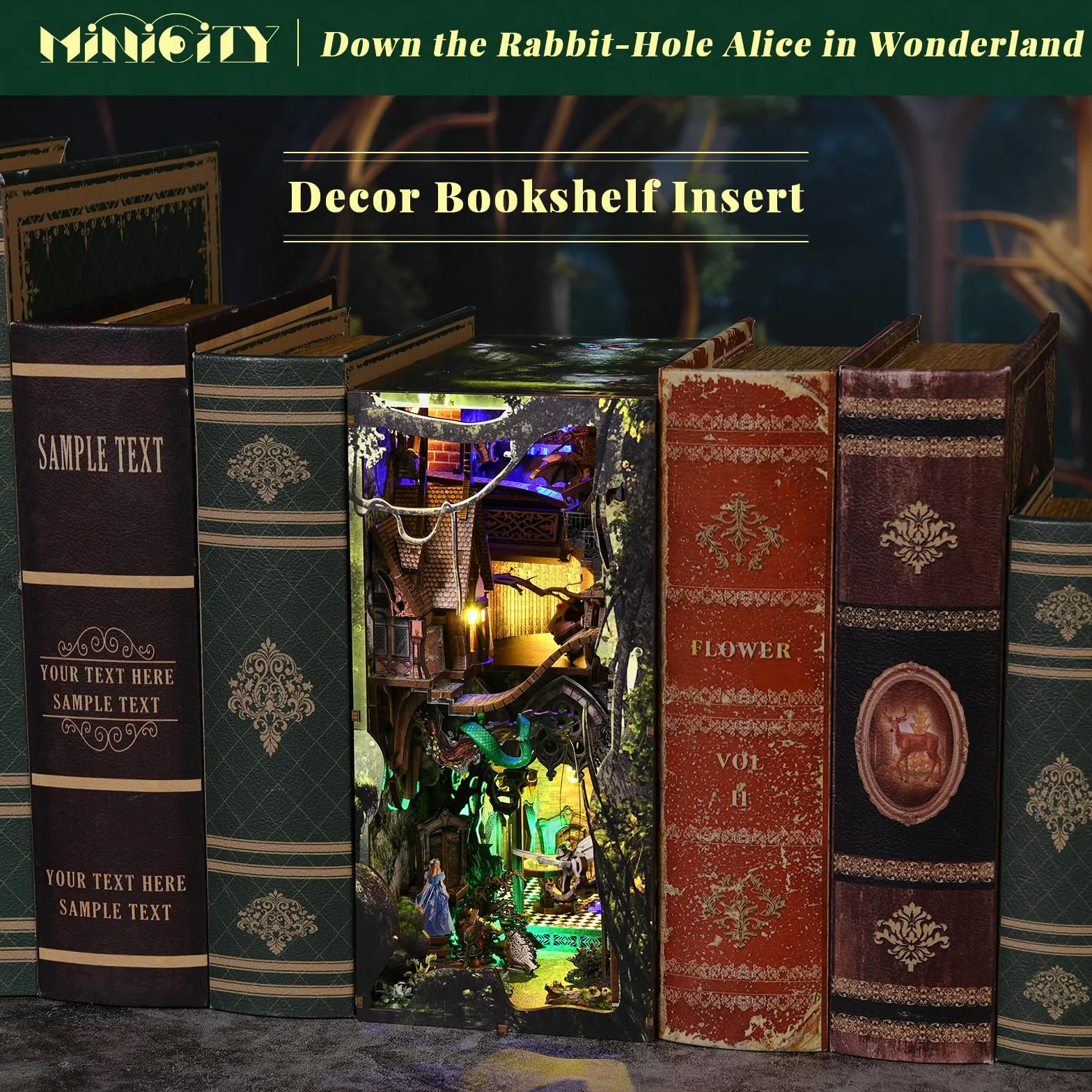 MiniCity Zestaw do Kącika Książkowego, zestaw DIY do miniaturowego domeczka dla lalek Kącik Książkowy (Down The Rabbit-Hole Alice in Wonderland)