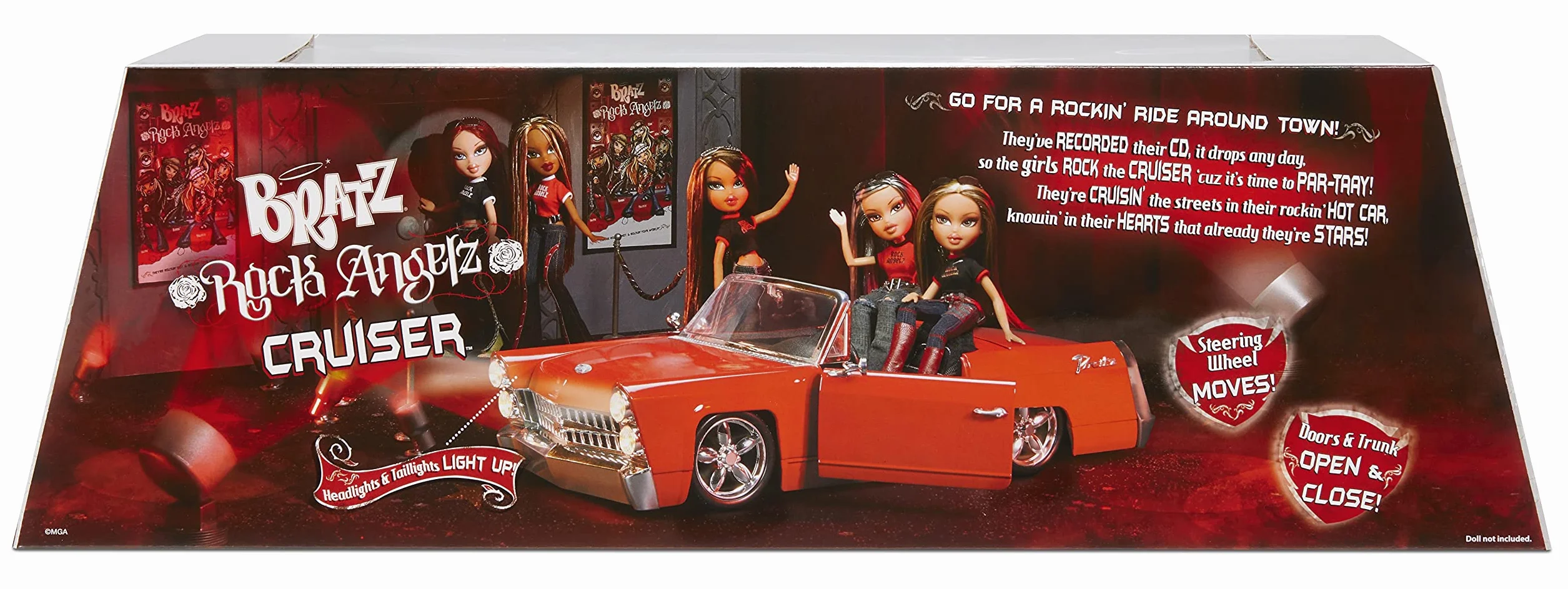 Bratz Rock Angelz 20 Yearz Edycja Specjalna Cruiser - Kolekcjonerski samochód cabrio z drzwiami, bagażnikiem, światłami, pasami bezpieczeństwa i kierownicą - dla 2 modnych lalek - Dla dzieci od lat 7+, 577829EUC