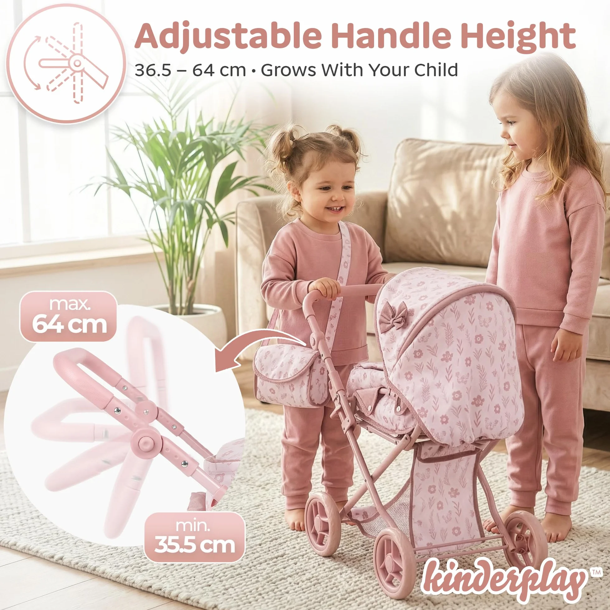 Kinderplay Wózek dla lalek 3 w 1 z torbą do przenoszenia, wózek dla lalek z regulacją wysokości 36,5-64 cm, składany wózek dziecięcy z cichymi kółkami piankowymi, dla lalek do 40 cm, od 3 lat