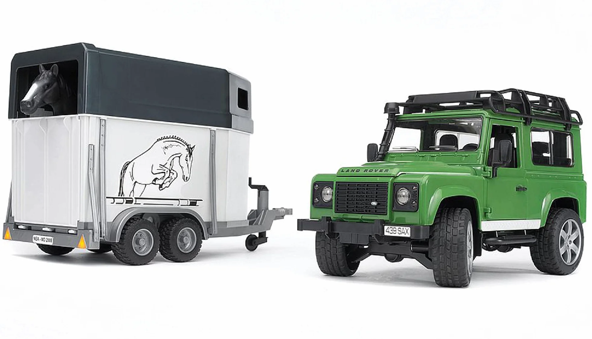 bruder 02592 - Land Rover Defender z przyczepą do przewozu koni, 1 koń, pojazd terenowy, jeep, pojazd terenowy, farma koni