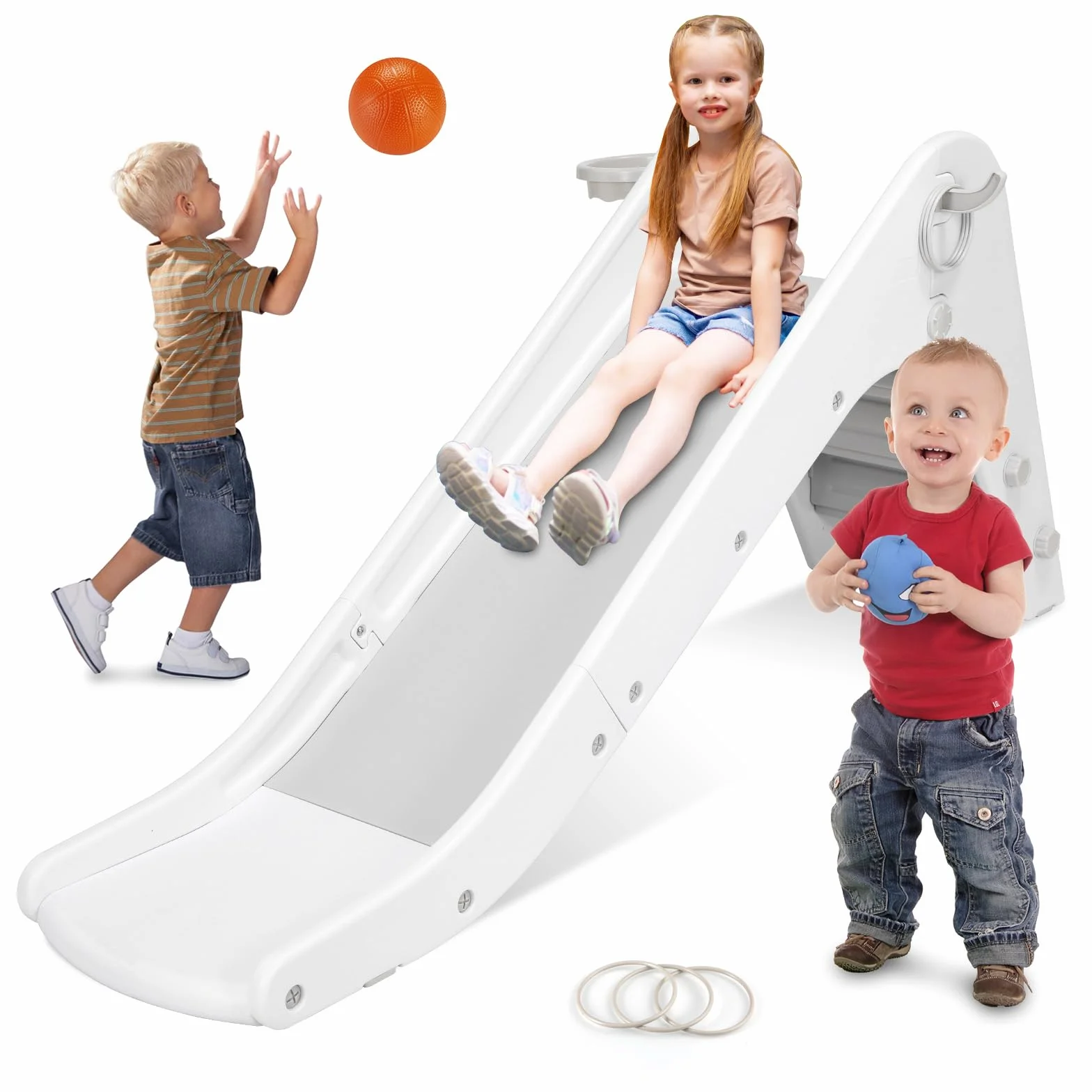MAMIZO Zabawna zjeżdżalnia dla dzieci, z koszem do koszykówki, mała zjeżdżalnia dla dzieci na 2 lata, zjeżdżalnia dla niemowląt, zjeżdżalnia ogrodowa do 25 kg (szaro-biała), 190 x 87,5 x 45 cm, (Ht23)