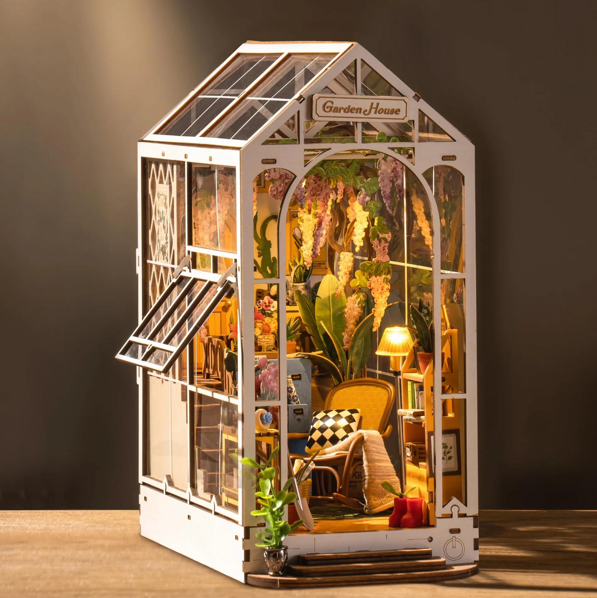 ROBOTIME Book Nook Kit domek ogrodowy ze światłami LED, zestaw do samodzielnego wykonania miniaturowy domek dla lalek 3D, drewniane puzzle, Booknook, półka na książki, dekoracja, prezent