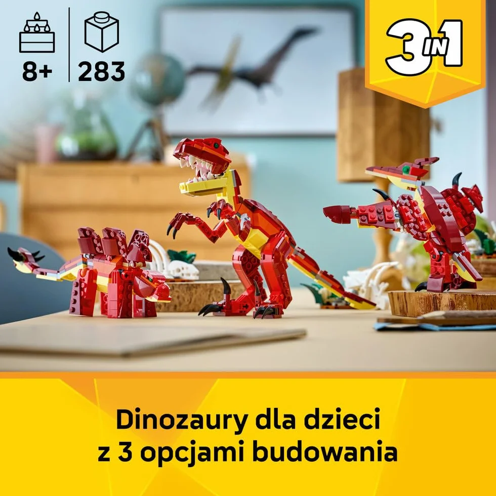 LEGO Creator 3 w 1 Groźny dinozaur, trzy opcje budowania: welociraptor, stegozaur lub pterozaur, zabawka konstrukcyjna dla chłopca i dziewczynki, prezent dla dzieci w wieku od 8 lat 31379
