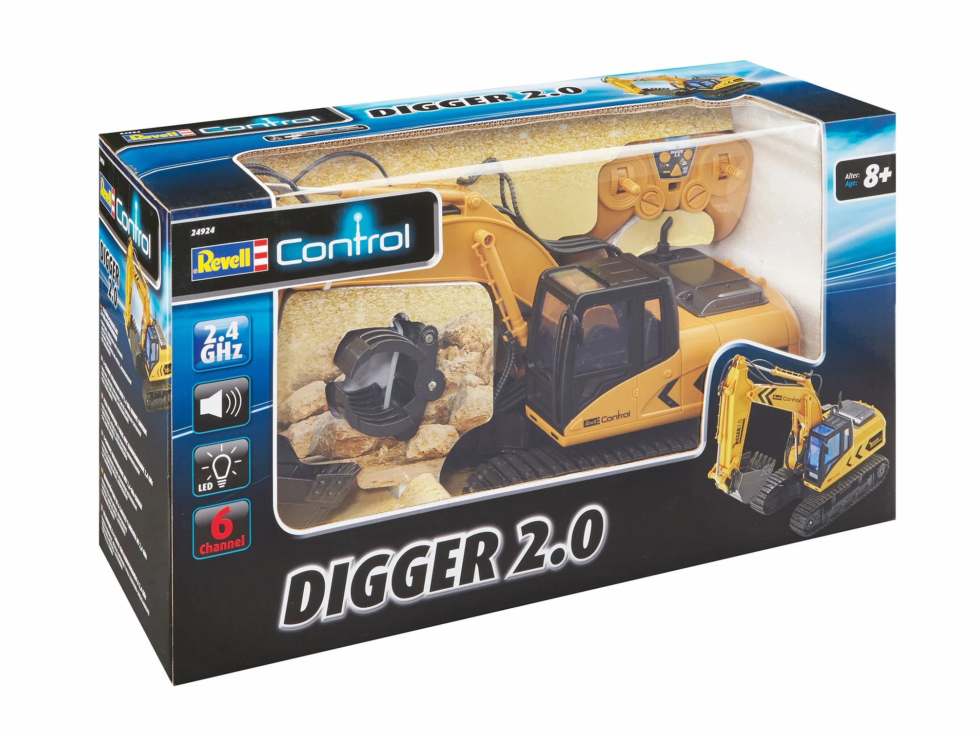 Revell Control 24924 RC koparka gąsienicowa Digger 2.0, napęd łańcuchowy, wymienna szufla i chwytak do drzew, nadaje się do użytku na zewnątrz, zdalnie sterowana koparka z akumulatorem, 2,4 GHz, żółta