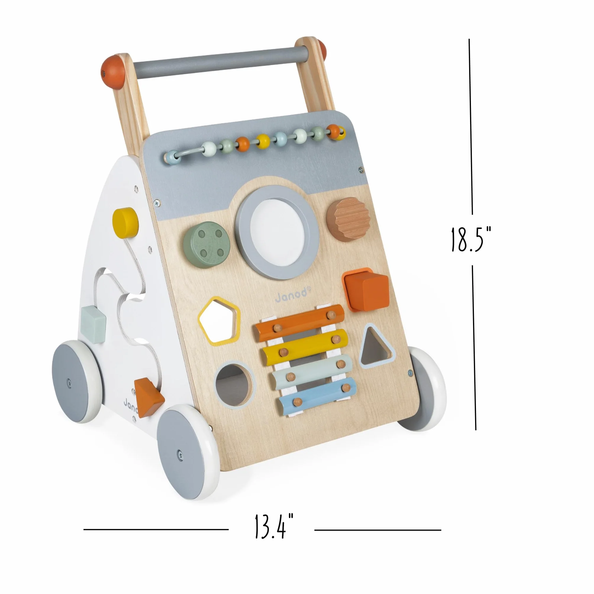 Janod - Sweet Cocoon Multi-Activity Cart - Wooden Push-In Walking Trolley - 9 Activities - Quiet Wheels, Water Based Paint - from 1 Year Old, J04410