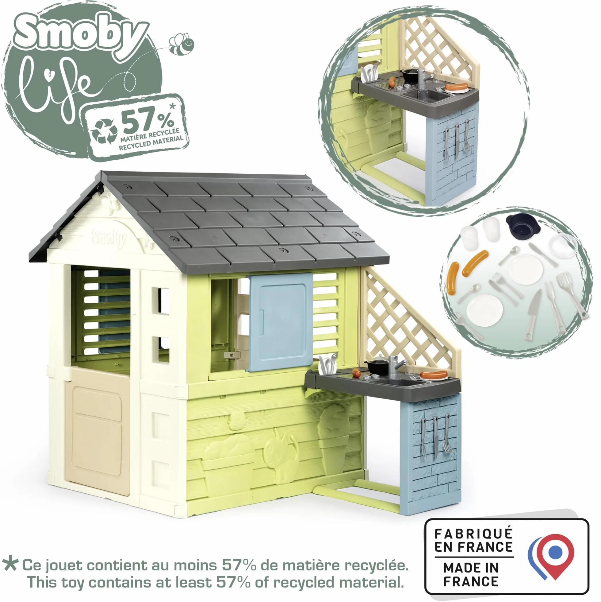 Smoby Life - Ładny domek + Letnia kuchnia - Płyta grillowa i zlew - Liczne akcesoria - Materiał z recyklingu - Od 2 lat - Wyprodukowano we Francji