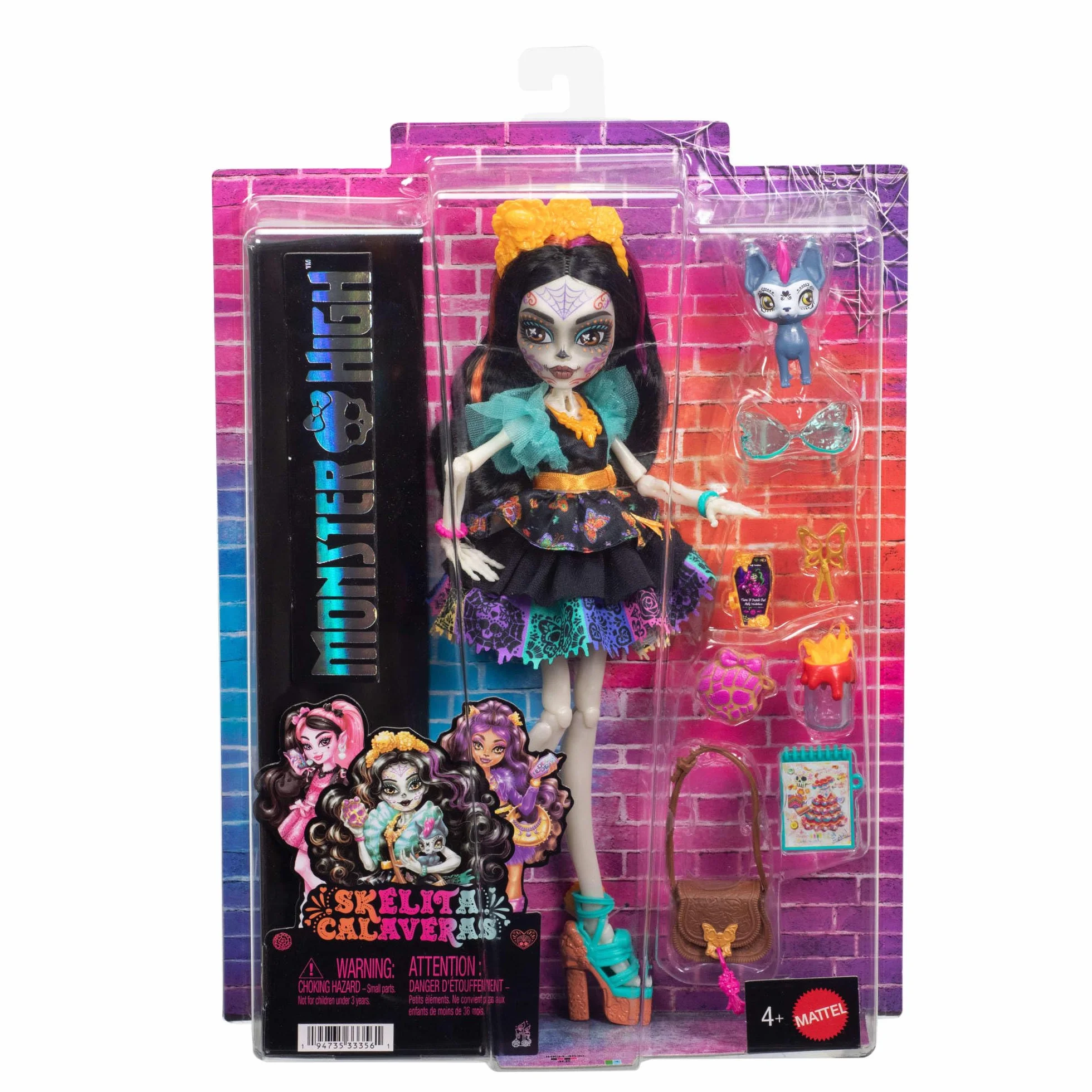 Monster High Skelita Calaveras Lalka + akcesoria, kolorowa sukienka inspirowana papel picado, piesek Candelita, 7 akcesoriów, w tym szkicownik, „przekąska” i torebka, zabawka dla dzieci 4+, JHK34