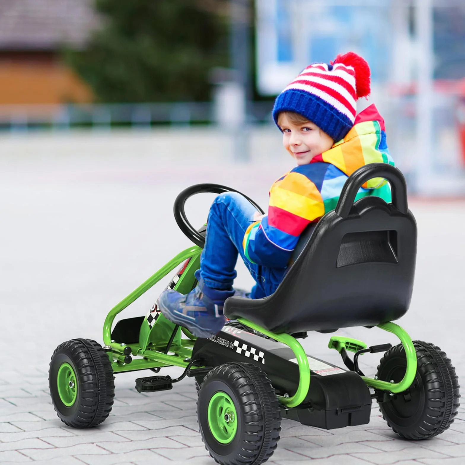 COSTWAY Gokart z regulowanym siedziskiem, hamulec ręczny, obciążenie 30 kg, dla dzieci od 3 lat (zielony)