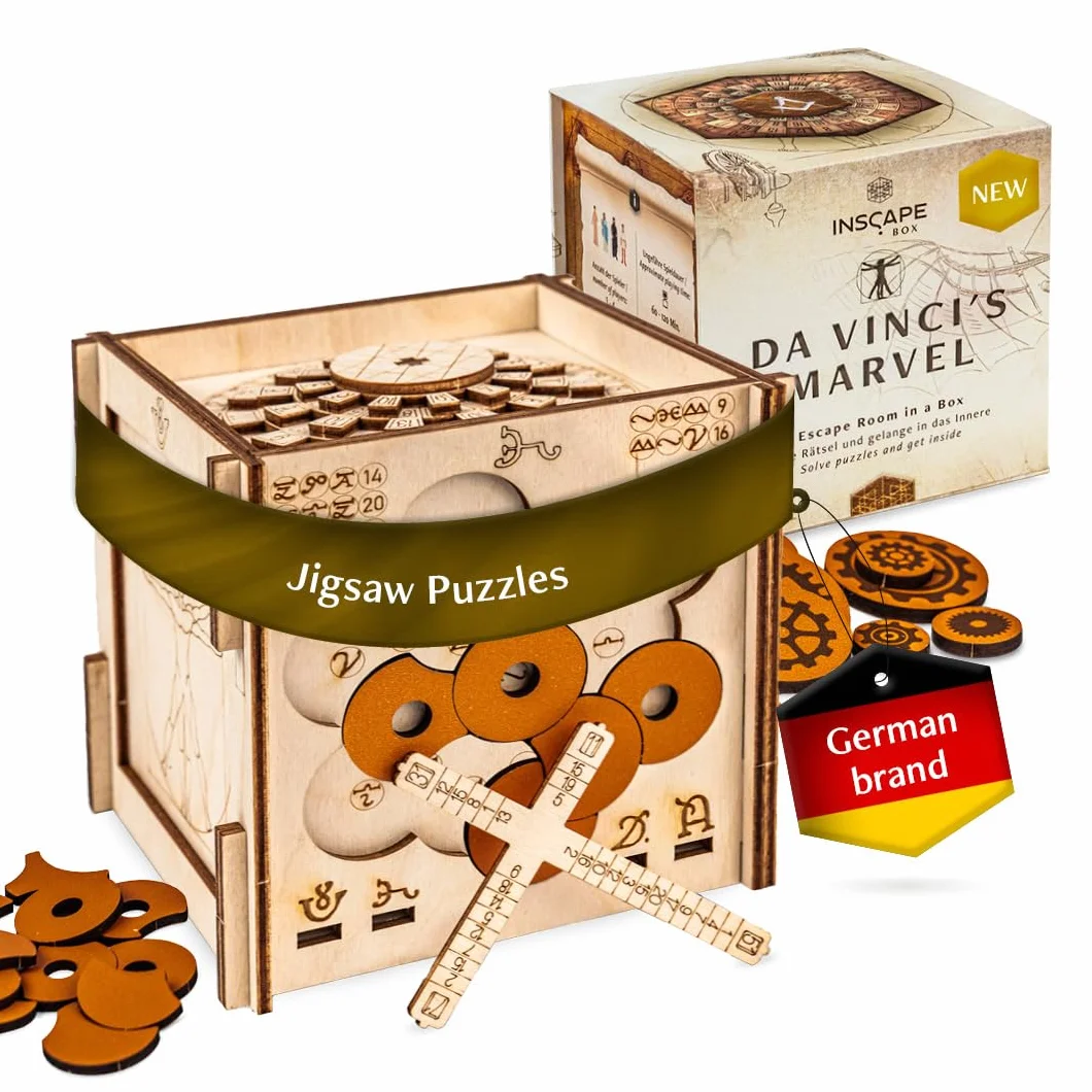 INSCAPE Da Vinci's Marvel - Drewniane Pudełko z Puzzlami Escape Room, Gra dla Dorosłych i Dzieci, 3D Cluebox, Gry Myślące