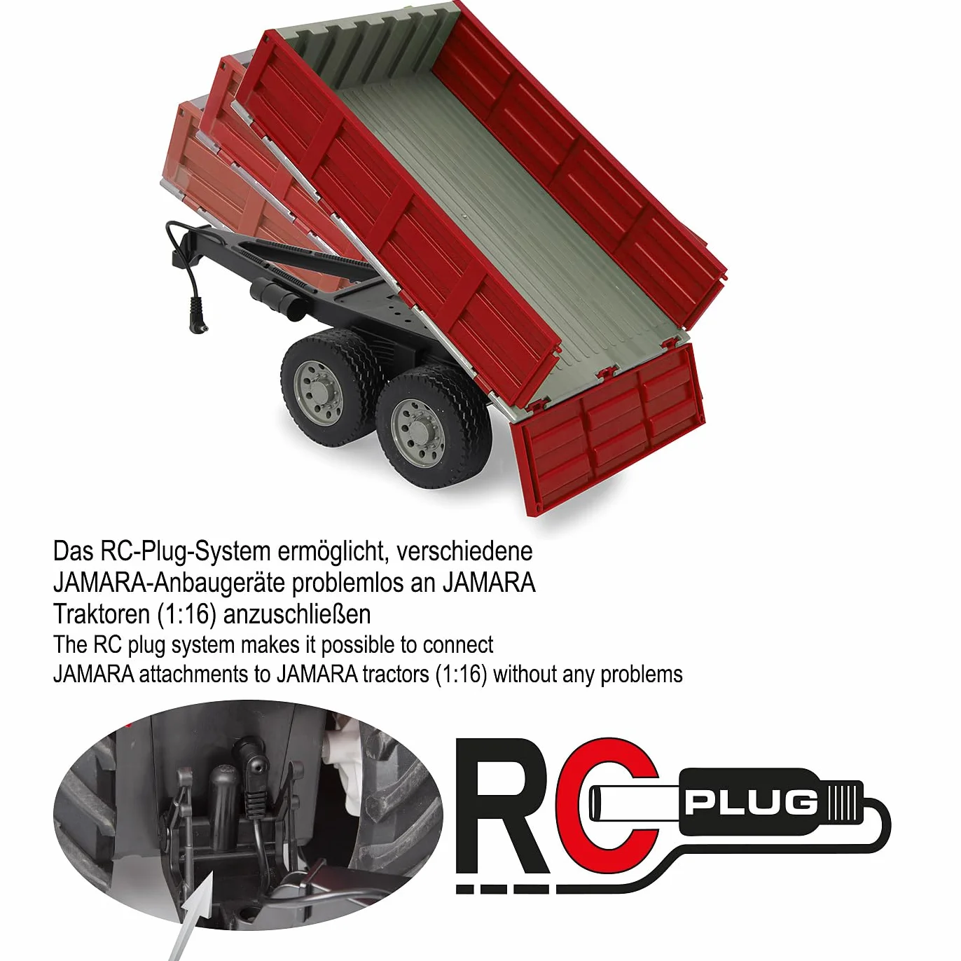 JAMARA 413108 - wywrotka do traktora RC 1:16 - zdalnie sterowane wgłębienie uchylne w górę/w dół, hak holowniczy z przodu, składane ściany pokładowe, czerwony