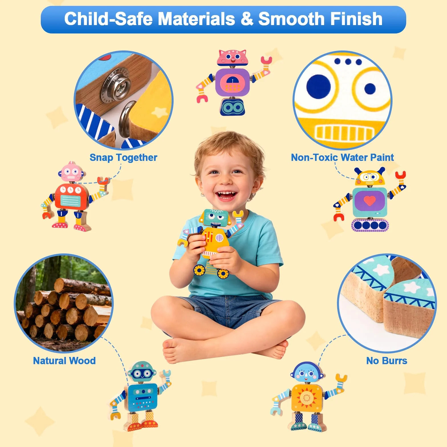 Liangding Drewniane Klocki Roboty do Składania, 33 Elementy, Zabawka Konstrukcyjna Montessori do Budowania i Rozkładania, Ruchome Ręce i Nogi, dla Dzieci od 3 do 6 Lat
